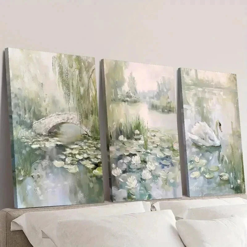3-Piece Water Lily Pond Spring Scenes Wall Art Set - Framed Canvas Prints 50x70cm - High Quality Australian Made - Ready to Hang - Perfect for Living Room, Bedroom & Office Decor