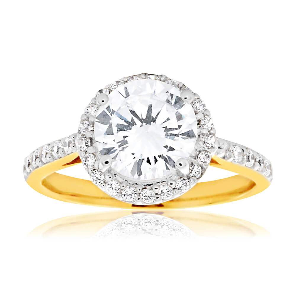 9ct Yellow Gold & White Gold Cubic Zirconia Solitaire Fancy Ring for Women - Elegant Engagement, Wedding, Anniversary Gift Idea - Perfect for Special Occasions & Everyday Wear