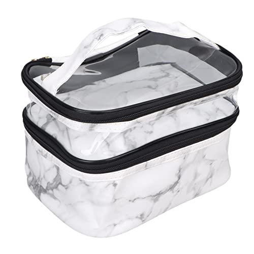 Elegant White Marble Makeup Bag - Double Layer Travel Toiletry Organizer for Women | Portable Cosmetic Case for Home, Gym & Vacation (Professional Design)