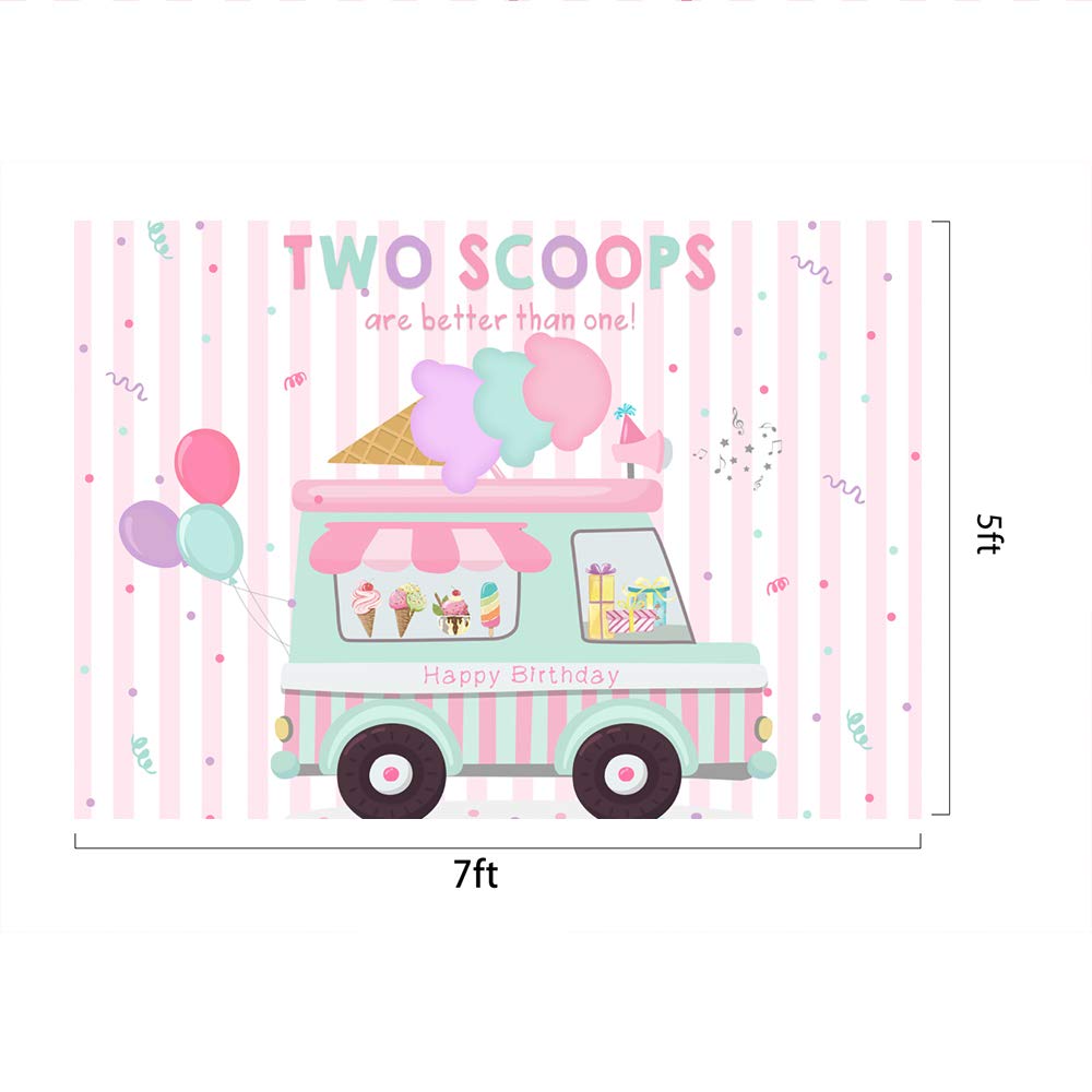 Lofaris Ice Cream Theme Party Backdrop - Pink Happy 2nd Birthday Decor for Girls, Princess Party Supplies, Two Scoops Are Better Than One Cake Table Banner (7x5ft) - Perfect for Birthday Celebrations, Baby Showers & Dessert-Themed Events
