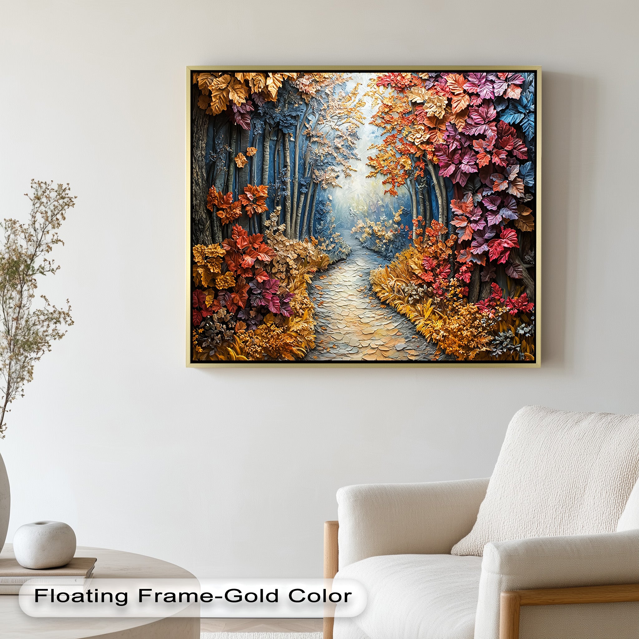 Autumn Path Framed Wall Art - Modern Forest Landscape Oil Painting for Living Room, Bedroom & Office Decor