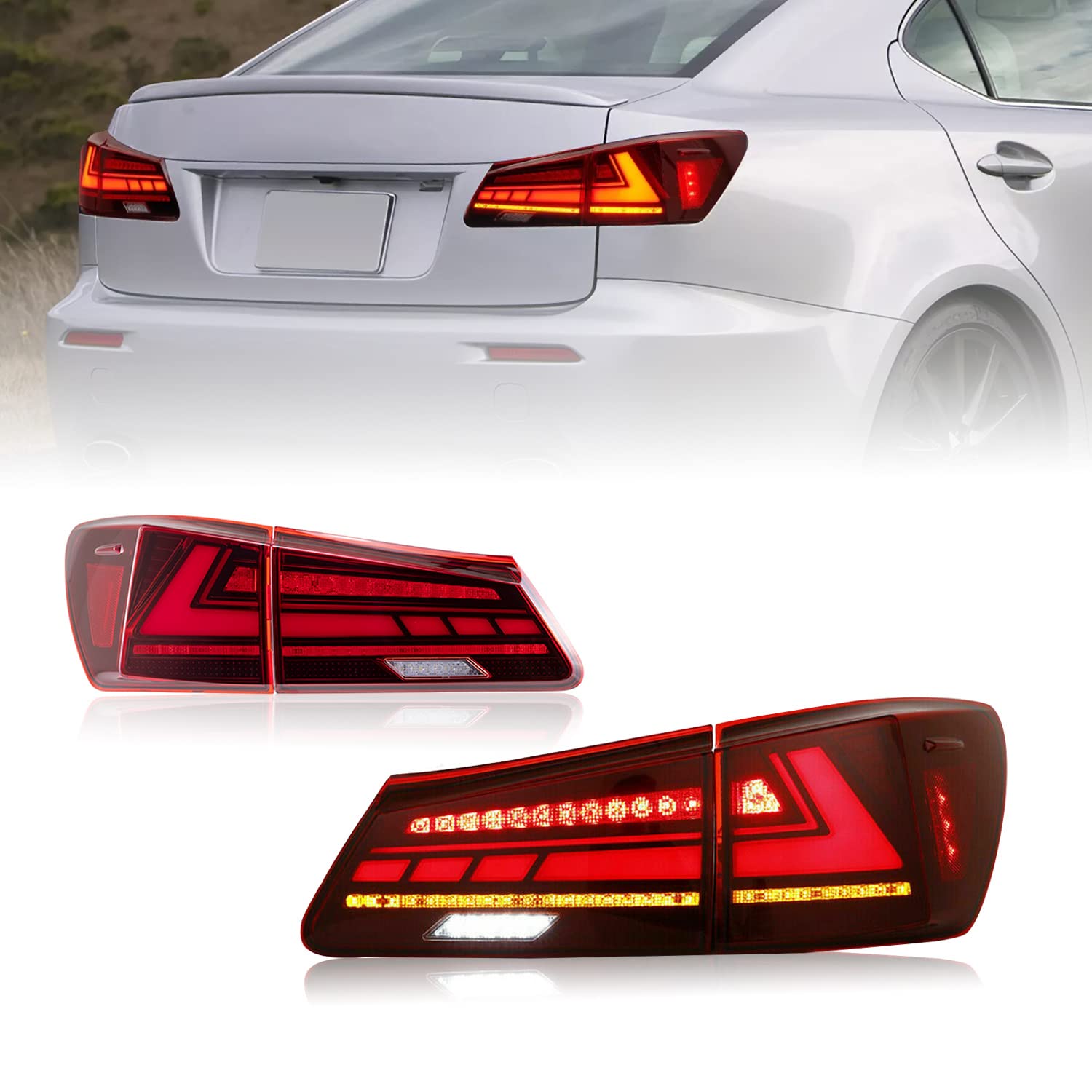 HCmotion LED Tail Lights Assembly for 2006-2013 Lexus IS250 IS350 ISF XE20 Sedan - Plug & Play Replacement with DRL, Sequential Turn Signals & Startup Animation - Perfect for Night Driving & Car Customization