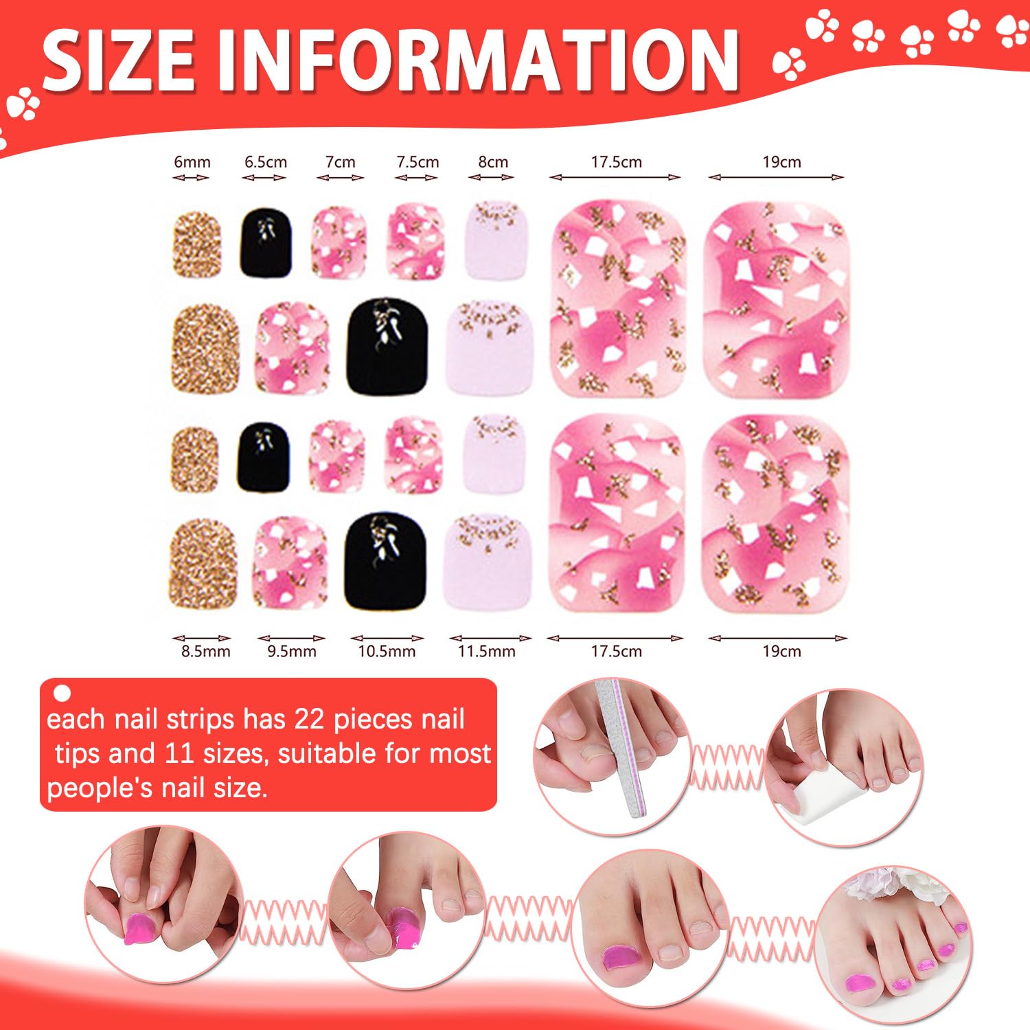 DANNEASY 20 Sheets Self-Adhesive Toe Nail Stickers & Wraps - Waterproof Nail Polish Strips for Toes & Fingers - Includes Nail File & Cuticle Stick - Perfect for Pedicures, Manicures & At-Home Nail Care