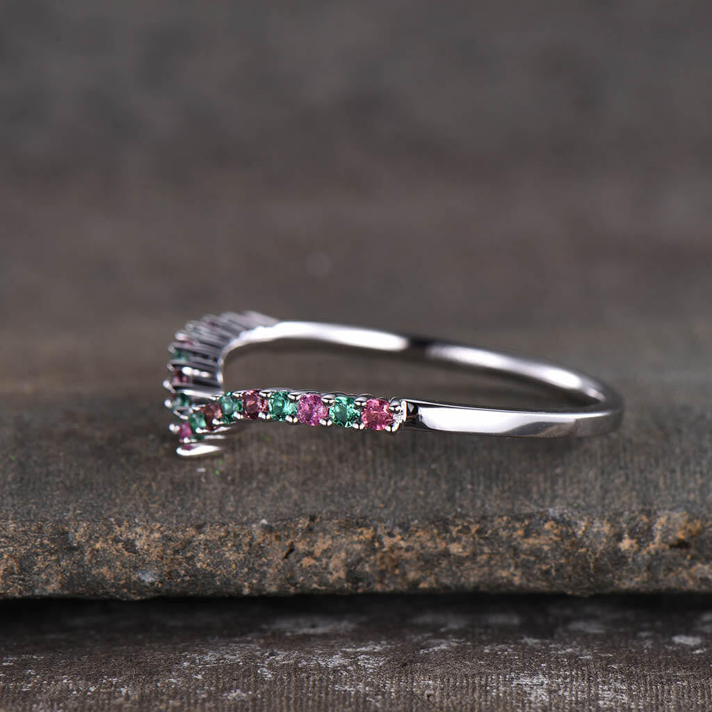 14K/18K Custom Pink Tourmaline & Emerald White Gold Curved Wedding Band Ring for Women - Elegant Bridal Jewelry, Anniversary Gift, Engagement Ring for Her