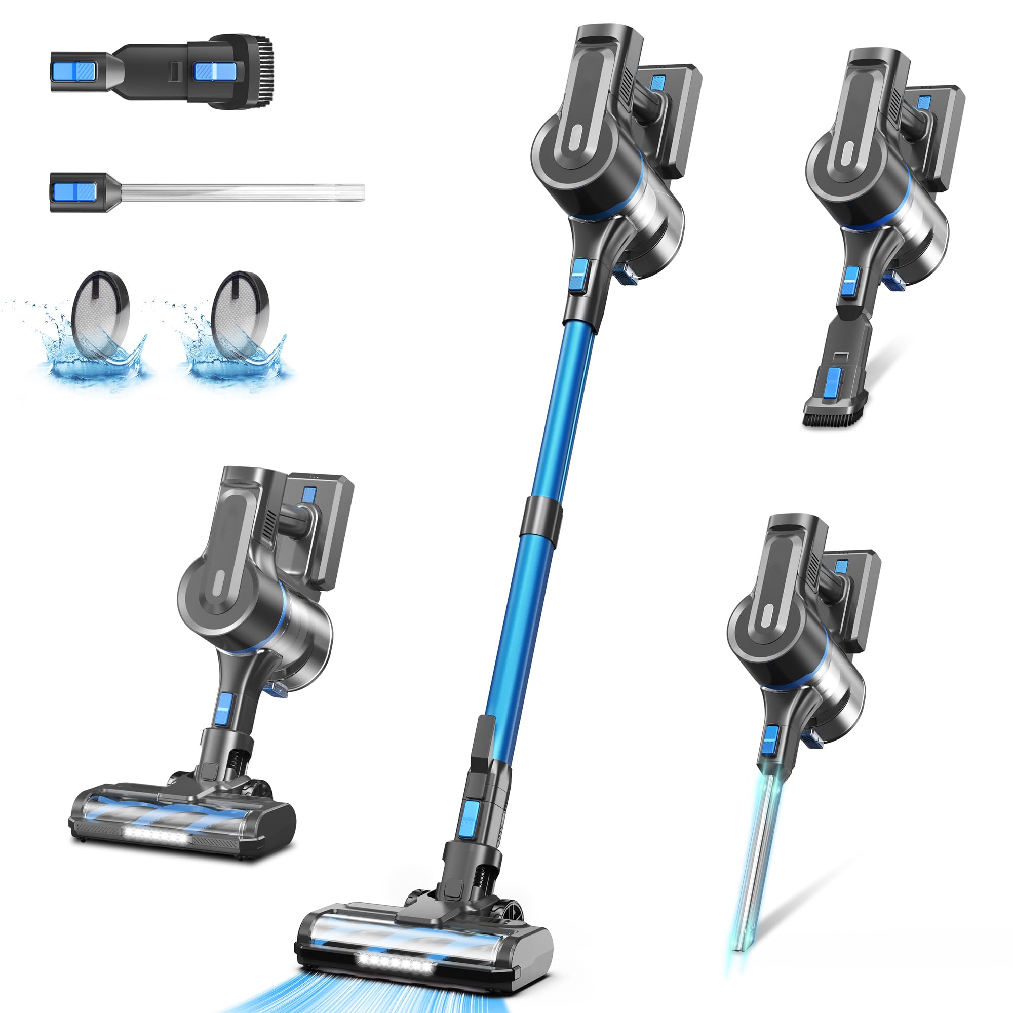 Powerful 40KPa 500W Brushless Motor Cordless Vacuum Cleaner - Lightweight Stick Vacuum with 60 Min Runtime for Carpets & Hard Floors - Ideal for Pet Hair Removal - Perfect for Home, Car & Office Cleaning (Blue)