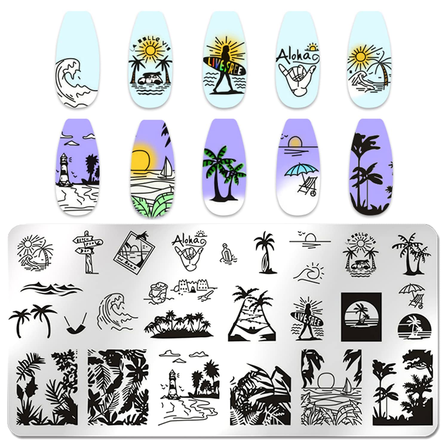 Beach Nail Stamping Kit - 6Pcs Summer Nail Art Plates for Vacation Designs | Palm Tree, Boat, Fish Patterns for Seaside Manicures