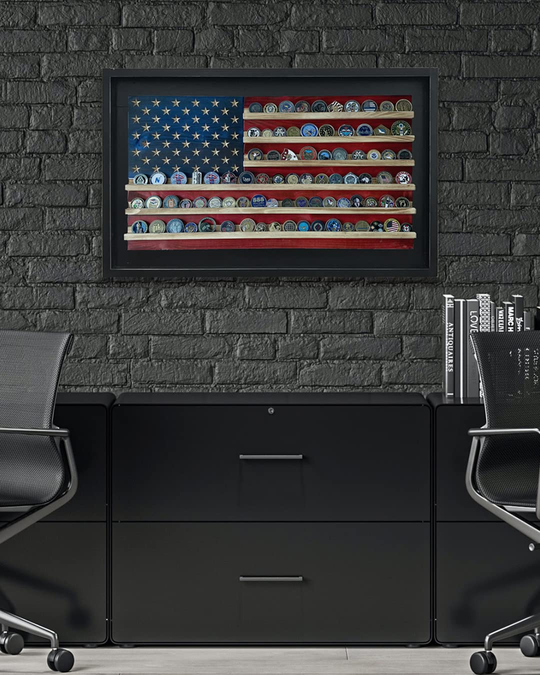 Flags of Valor Framed American Flag Challenge Coin Display - Holds 100 Military Coins | Veteran-Made USA Military Coin Holder Wall Decor | Patriotic Art Ready to Hang (Large 25