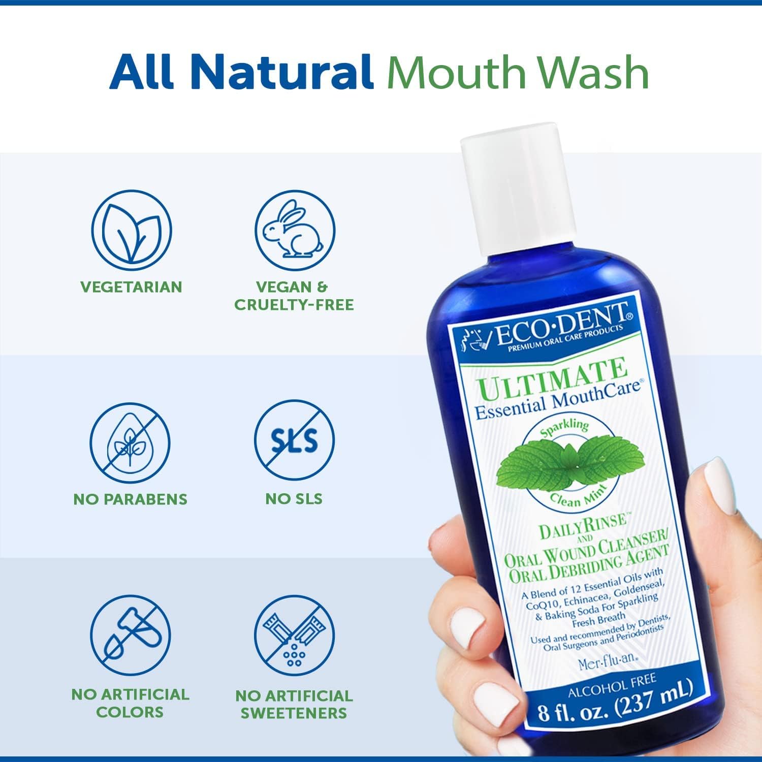 Eco-Dent Daily Rinse Ultimate Essential Mouthwash - Sparkling Clean Mint Flavor 8 fl oz (237ml) | Alcohol-Free Fluoride-Free Natural Oral Care | Fresh Breath Solution for Home & Travel Use