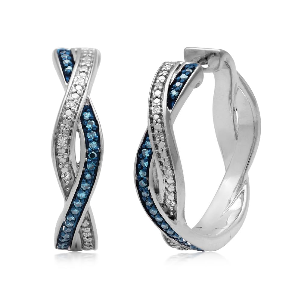 Jewelili Sterling Silver Twisted Hoop Earrings for Women - 1/6 CTTW Blue & White Diamond Studded Classic Hoops | Elegant Gift Box Included | Perfect for Weddings, Anniversaries & Special Occasions