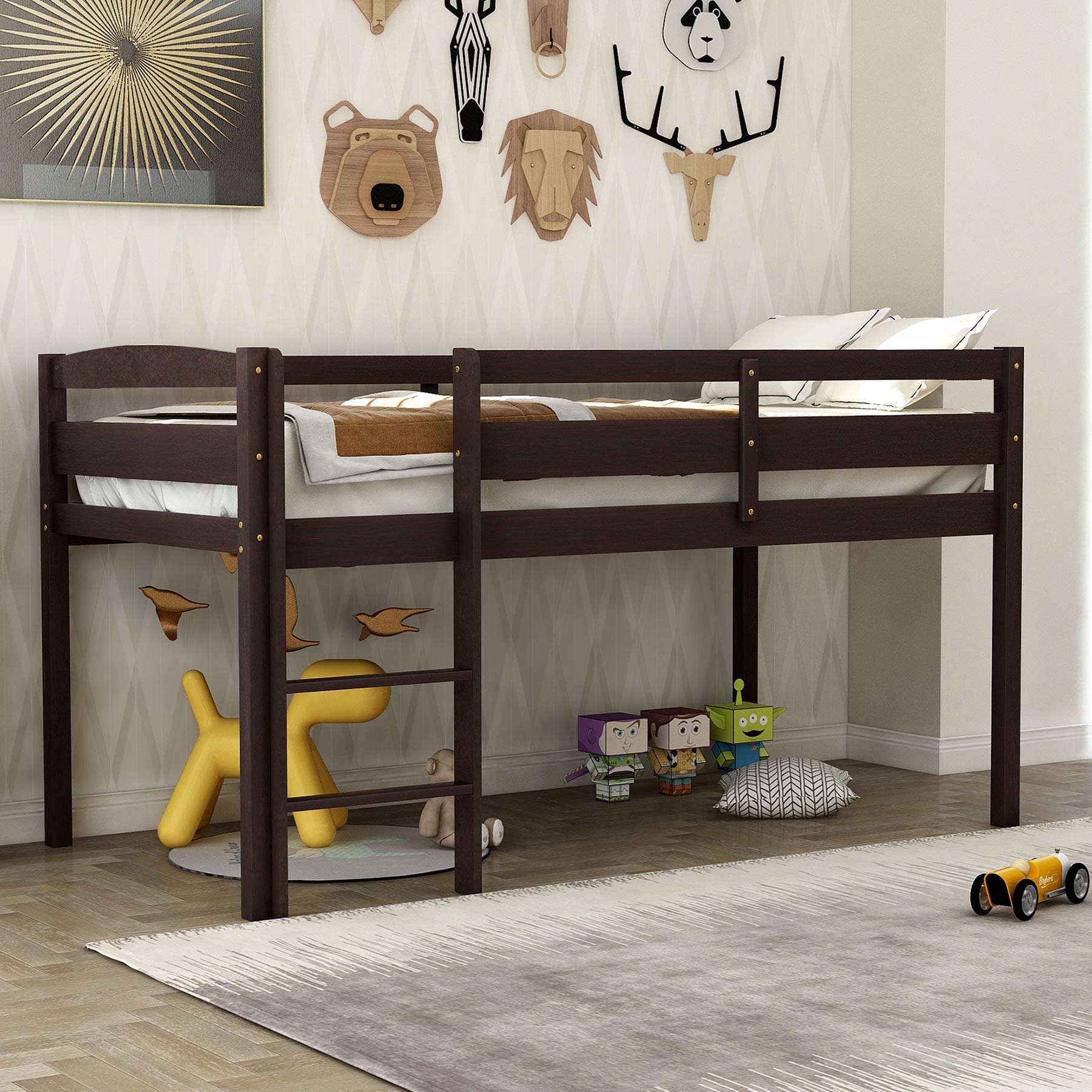 P PURLOVE Twin Loft Bed - Sturdy Wood Low Loft Bed Frame for Kids & Teens - No Box Spring Required - Espresso Finish - Perfect for Small Bedrooms, Dorm Rooms & Space-Saving Kids' Rooms