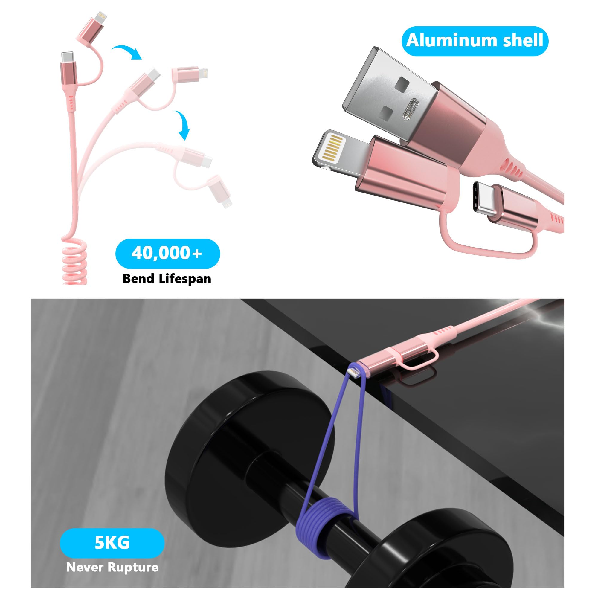 MFi Certified 3-in-1 USB to USB-C/Lightning Coiled Cable - 3A Fast Charging & Data Sync for iPhone 16/15/14/13/12, Android Auto & Apple CarPlay - Short Pink Charging Cable for Car, Home & Office Use