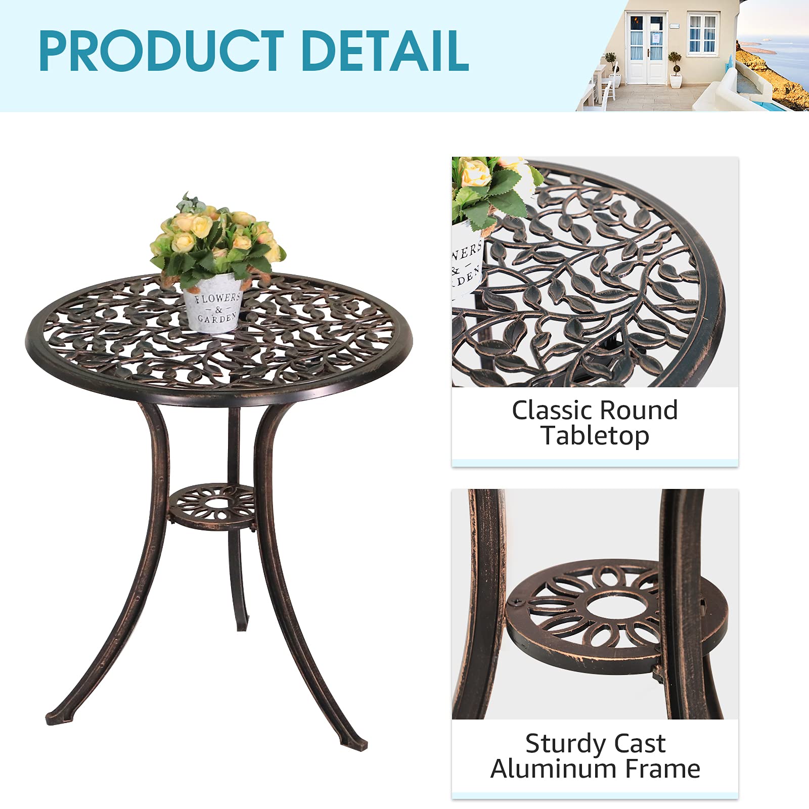 Patiorama 3-Piece Outdoor Bistro Set - Cast Aluminum Patio Furniture with Rust-Resistant All-Weather Design, Decorative Leaf Pattern & Antique Copper Finish - Perfect for Garden, Balcony or Backyard Relaxation