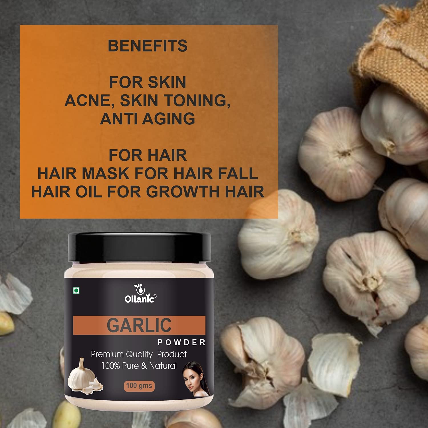 Oilanic 100% Pure Natural Garlic Powder for Skin & Hair Care - 3.5oz (100g) | Organic Garlic Supplement for Healthy Skin, Hair Growth & Cooking Recipes