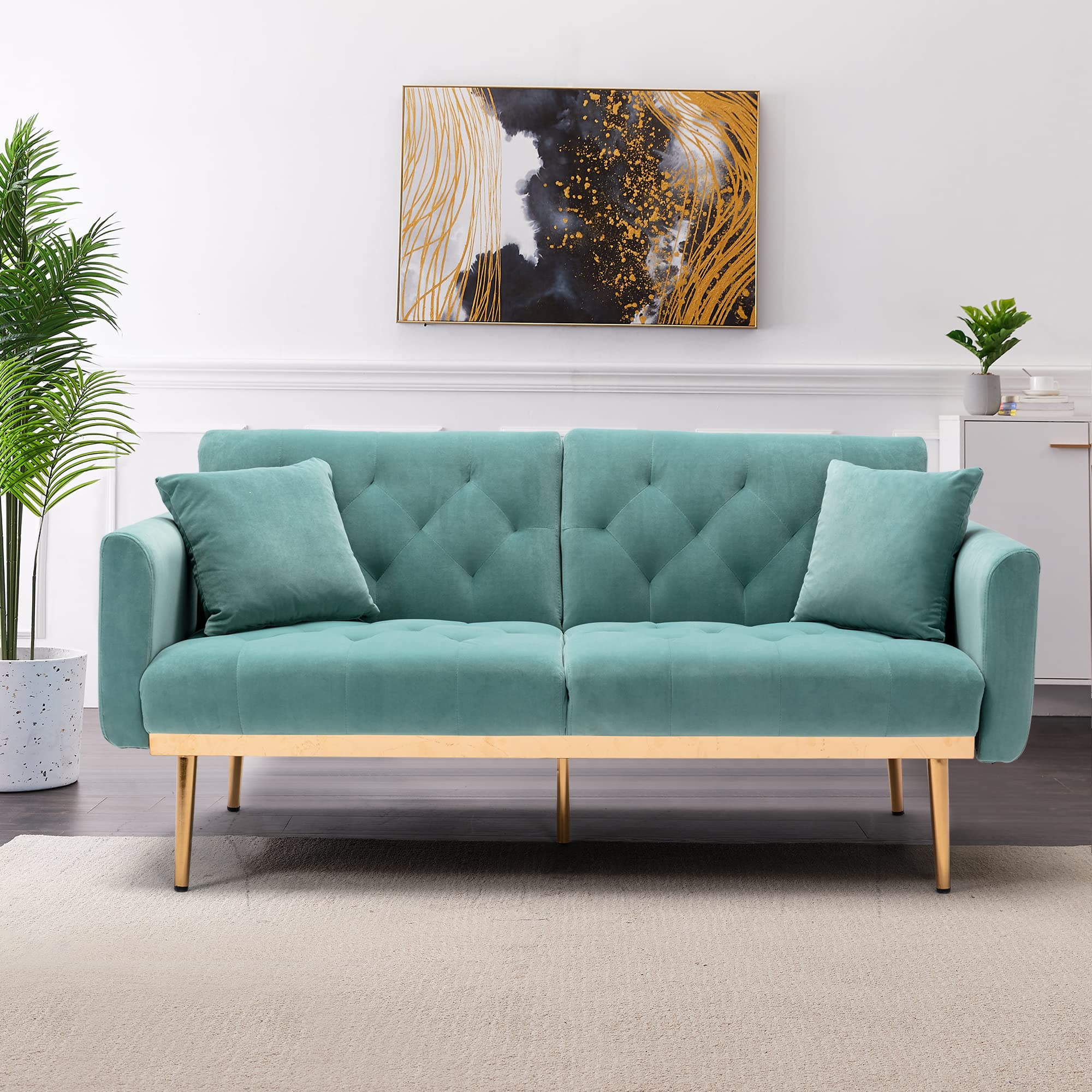 Velvet Convertible Futon Sofa Bed with Golden Metal Legs - Modern Tufted Loveseat & Accent Sofa Recliner for Living Room, Bedroom, or Home Office - Includes 2 Decorative Throw Pillows (Light Blue) | Perfect for Small Spaces, Guest Rooms & Apartments