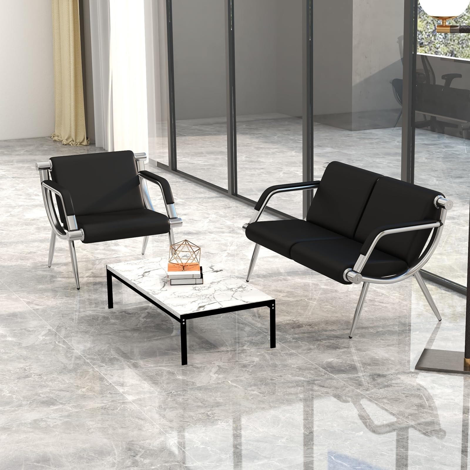 Kinpaw Leather Waiting Room Chairs - Heavy Duty Reception Bench with Padded Arms & Backrest, Black Office Conference Chairs for Meeting Rooms, Lobby Seating and Professional Workspaces