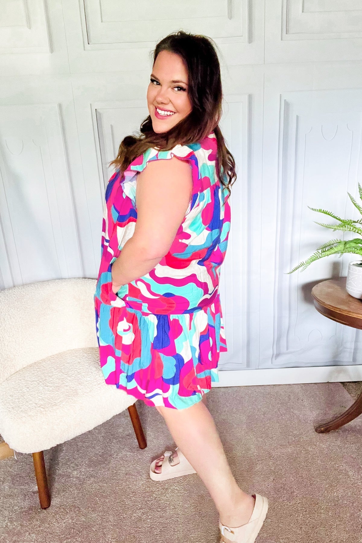 Go For Fun Fuchsia Geo Print Tiered Ruffle Sleeve Woven Dress for Women | Summer Casual Party Wear | Perfect for Beach Vacations, Date Nights & Outdoor Events