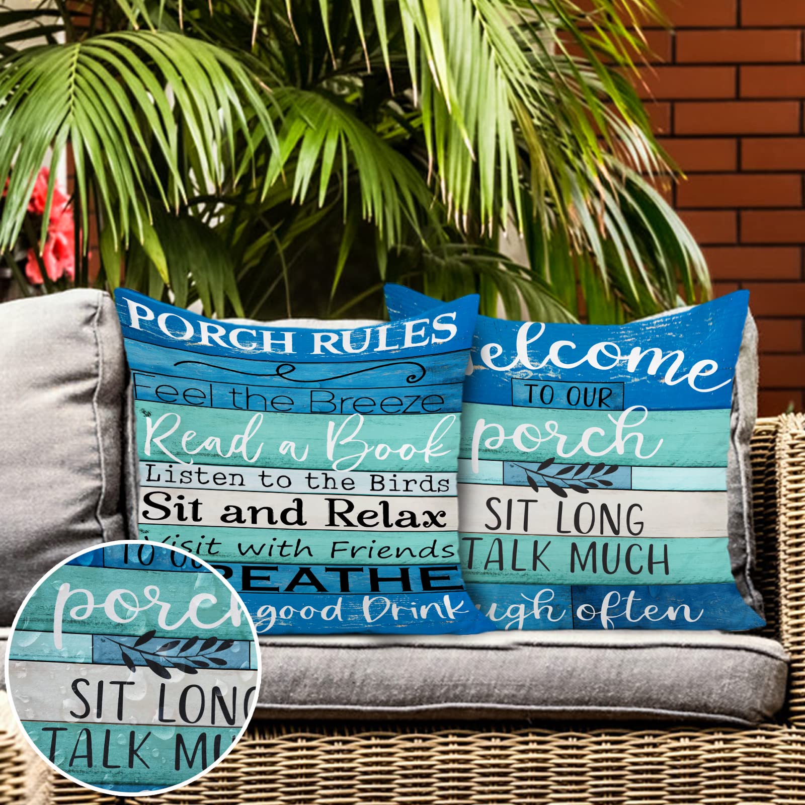Waterproof Outdoor Pillow Covers 18x18 Inch - Turquoise Blue & Beige Woodgrain Design for Patio Furniture, Coastal Farmhouse Decor (Set of 2) | Perfect for Porch, Garden, Poolside & Outdoor Living Spaces