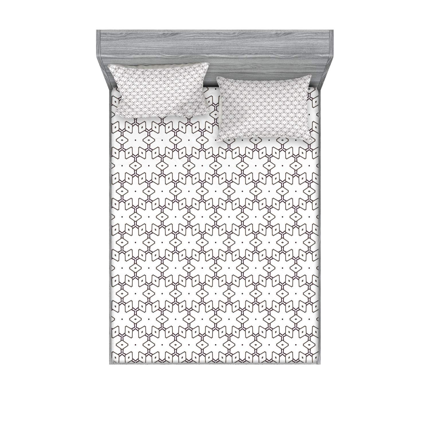 Ambesonne Vintage 3-Piece King Bedding Set - Geometric Print Fitted Sheet & Pillow Shams, White & Dark Mauve | Elegant Home Decor for Master Bedroom & Guest Room