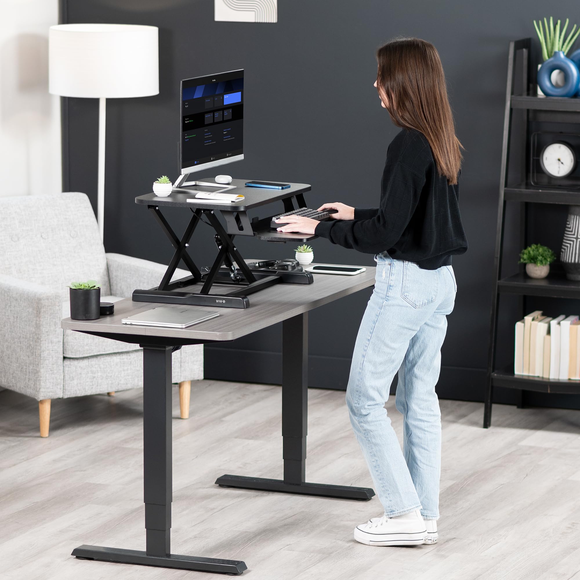 VIVO K Series 26 Inch Height Adjustable Sit to Stand Desk Converter - Dual Monitor & Laptop Workstation with Keyboard Tray (Black) - Perfect for Home Office, Gaming Setup, and Ergonomic Workspace
