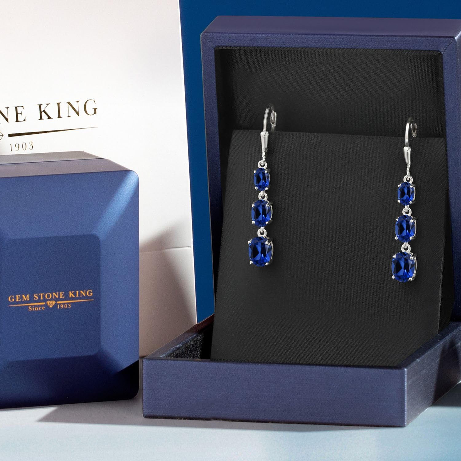 Gem Stone King 3-Stone Leverback Drop Dangle Earrings for Women - 925 Sterling Silver Birthstone Jewelry | Oval 8x6mm, 7x5mm & 6x4mm Gemstones | Elegant Gift for Mom, Wife, Her | Perfect for Weddings, Anniversaries & Special Occasions