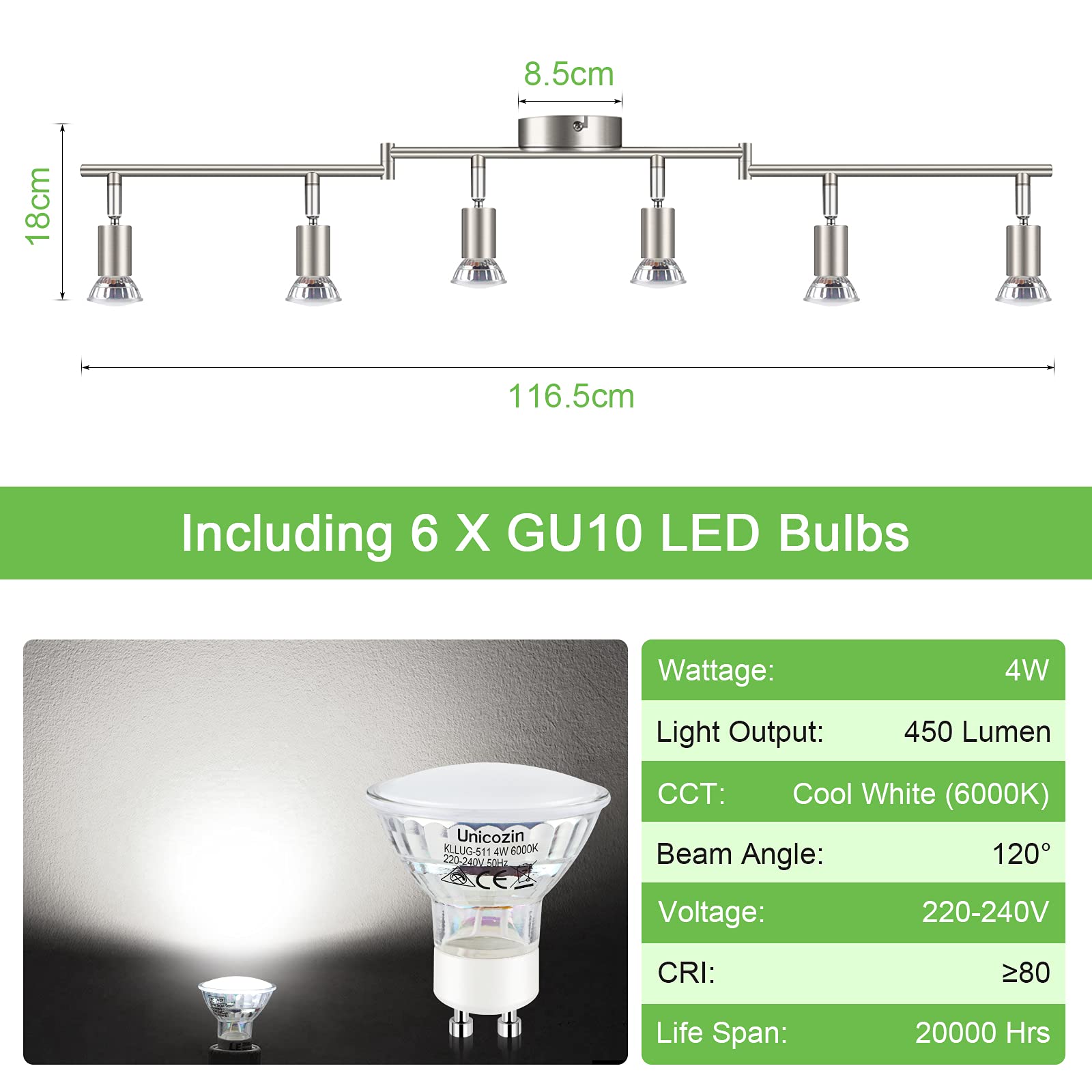 Unicozin 6-Way Rotatable LED Ceiling Light with Matt Nickel Finish - 6 x 4W GU10 LED Bulbs Included (450LM, Cool White 6000K) - Perfect for Kitchen, Living Room, Bedroom Lighting & Modern Home Decor
