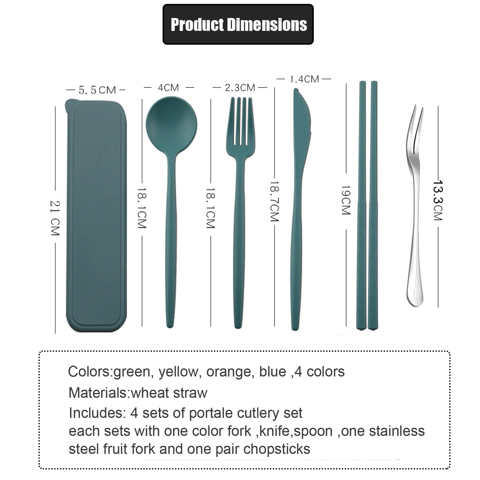 4-Piece Eco-Friendly Wheat Straw Cutlery Set - Reusable Spoon, Fork & Chopsticks with Travel Case | BPA-Free Portable Utensils for Lunch Box, Travel, Picnic, Camping & Office Use (4 Color Options)