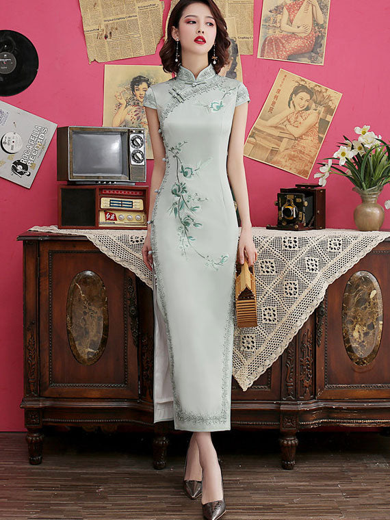 Elegant Pink & Green Embroidered Modern Qi Pao Cheongsam Maxi Dress - Traditional Chinese Style Evening Gown for Women, Perfect for Weddings, Parties & Special Occasions