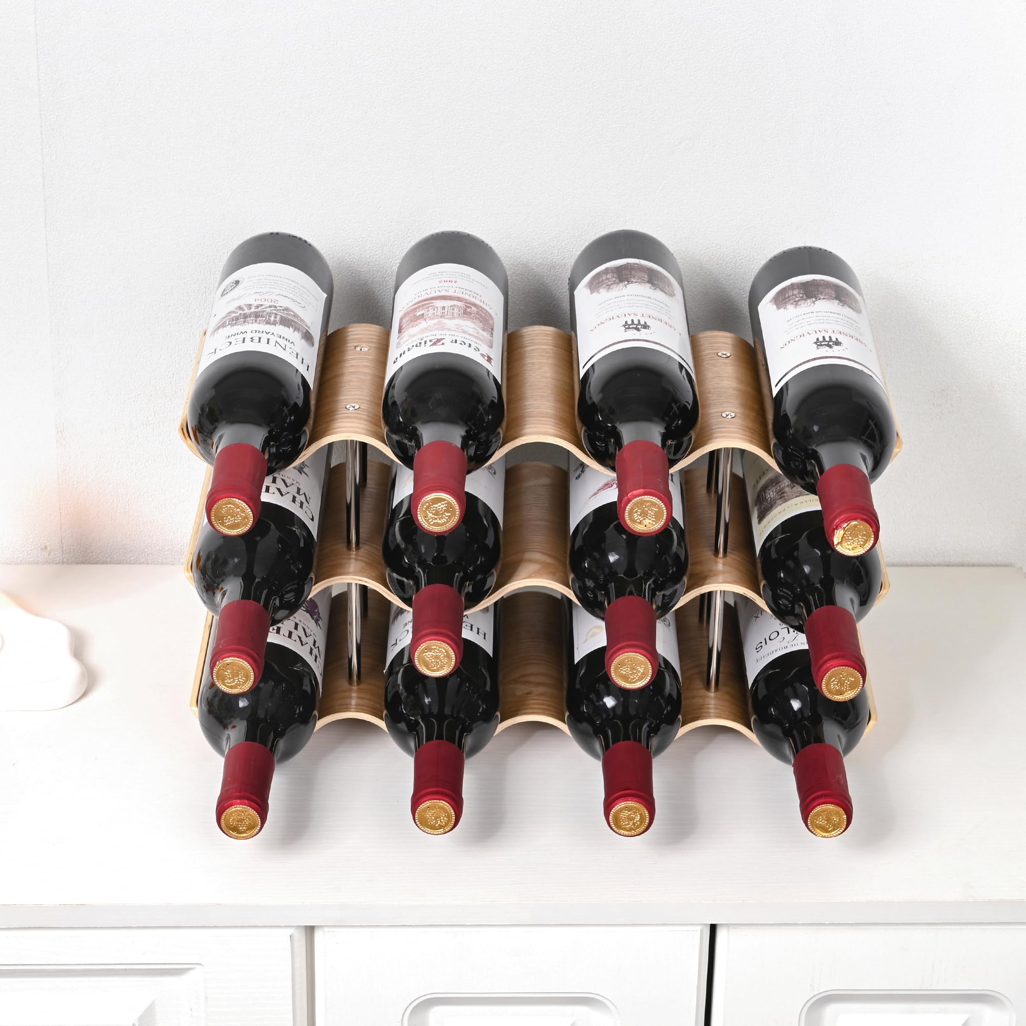 12 Bottle Wooden Wine Rack - 3 Tier Countertop Wine Holder Stand for Kitchen, Bar, Pantry & Cabinet Storage | Wavy Design Freestanding Wine Organizer for Home & Restaurant Use