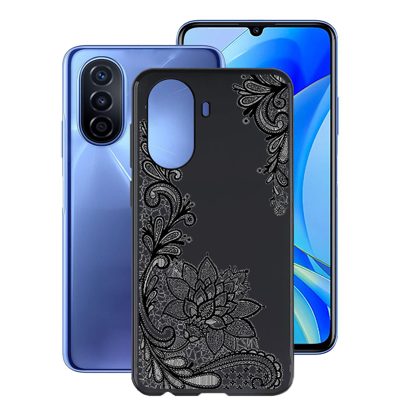 Huawei Nova Y70 Case 6.75 Inch - Soft Silicone Bumper Shell with Flexible TPU Cover, Shockproof & Anti-Scratch Protective Phone Case (Black Flower Design) - Perfect for Daily Use, Work & Outdoor Activities