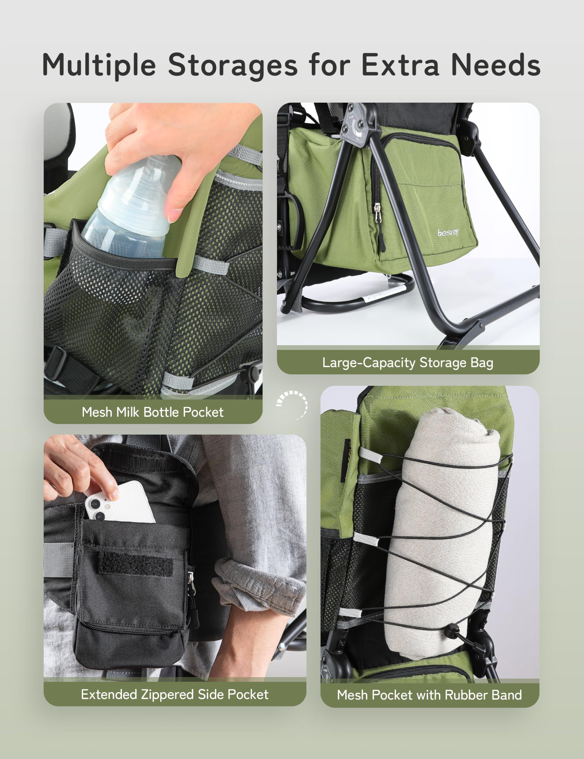 **Besrey Baby Backpack Carrier – Adjustable Toddler Hiking Backpack with 3-Height Safety Seat, Lightweight Foldable Frame & Large Capacity – Perfect for Outdoor Adventures, Travel & Family Hiking (Army Green)**