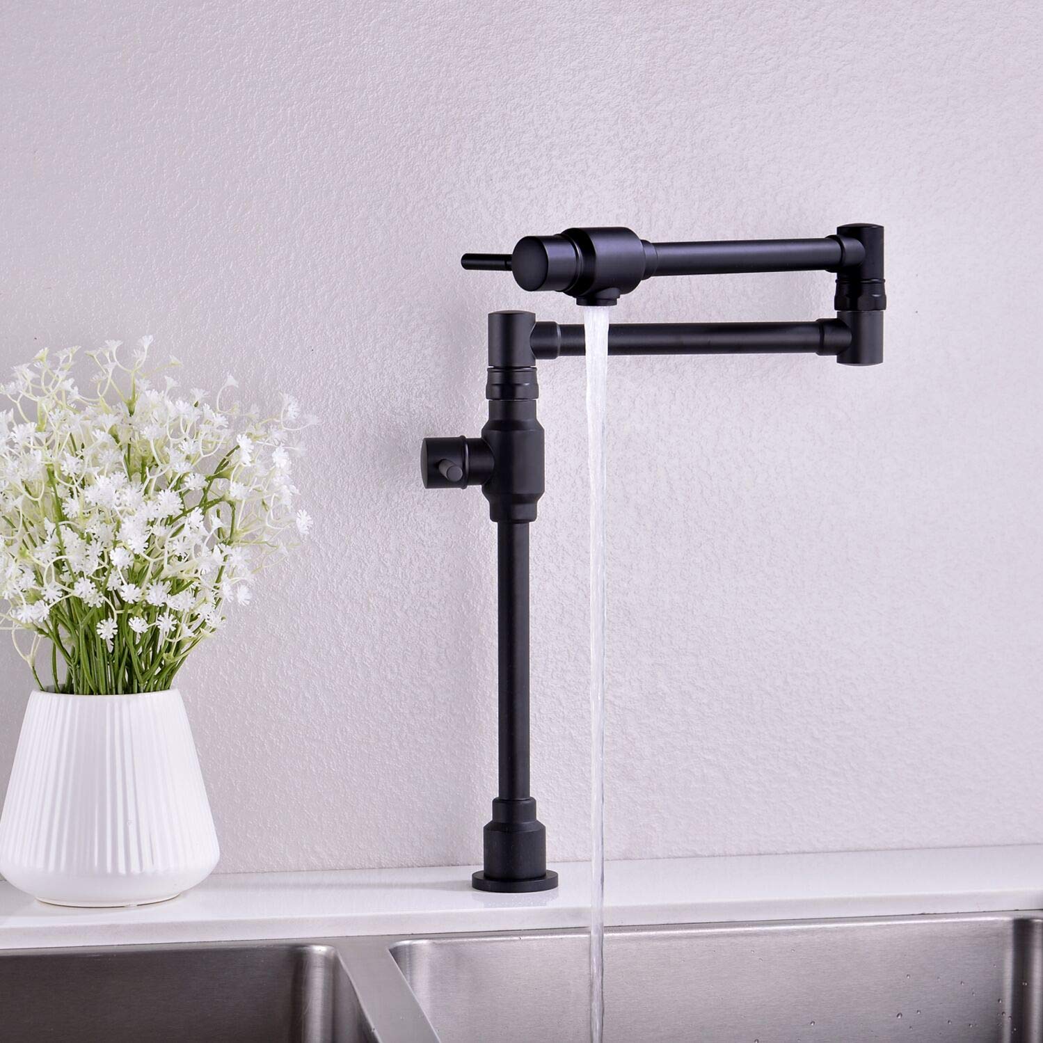 Premium Black Deck Mount Pot Filler Kitchen Faucet - Brass Folding Faucet with Dual Handles & Stretchable Double Swing Joint - Single Hole Sink Faucet for Professional Chefs & Home Cooking Enthusiasts