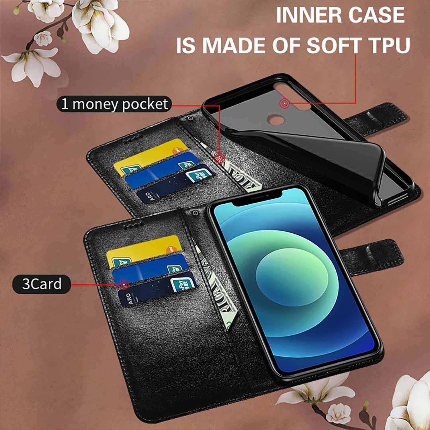 Samsung Galaxy XCover 4 Wallet Case - PU Leather with Card Holder & Wrist Strap for Outdoor Use