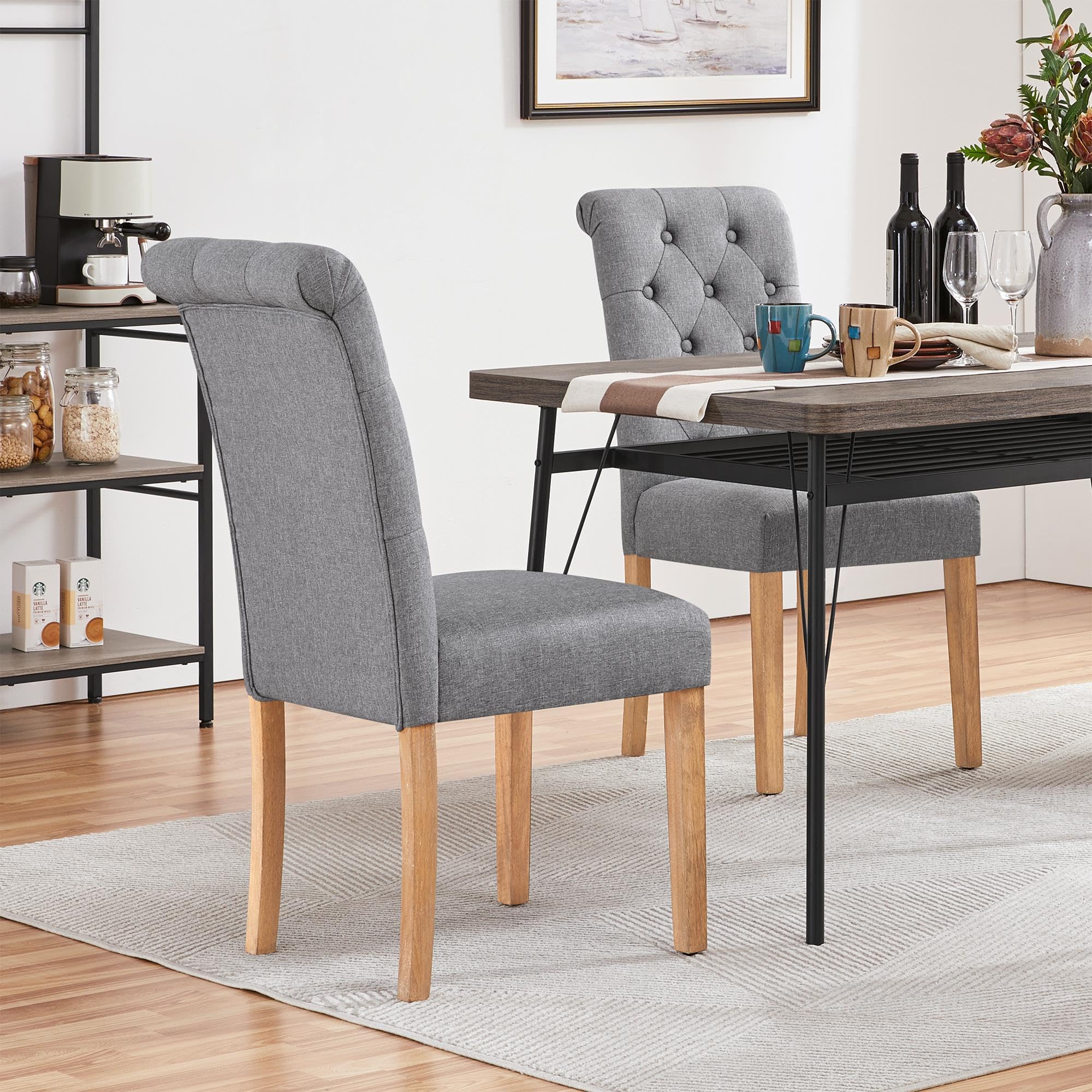 Yaheetech Set of 2 Dark Gray Fabric Upholstered Dining Chairs - Button Tufted High Back Kitchen Chairs with Solid Wood Legs for Home, Restaurant & Dining Room | Perfect for Modern Kitchens, Cozy Breakfast Nooks & Elegant Dining Spaces