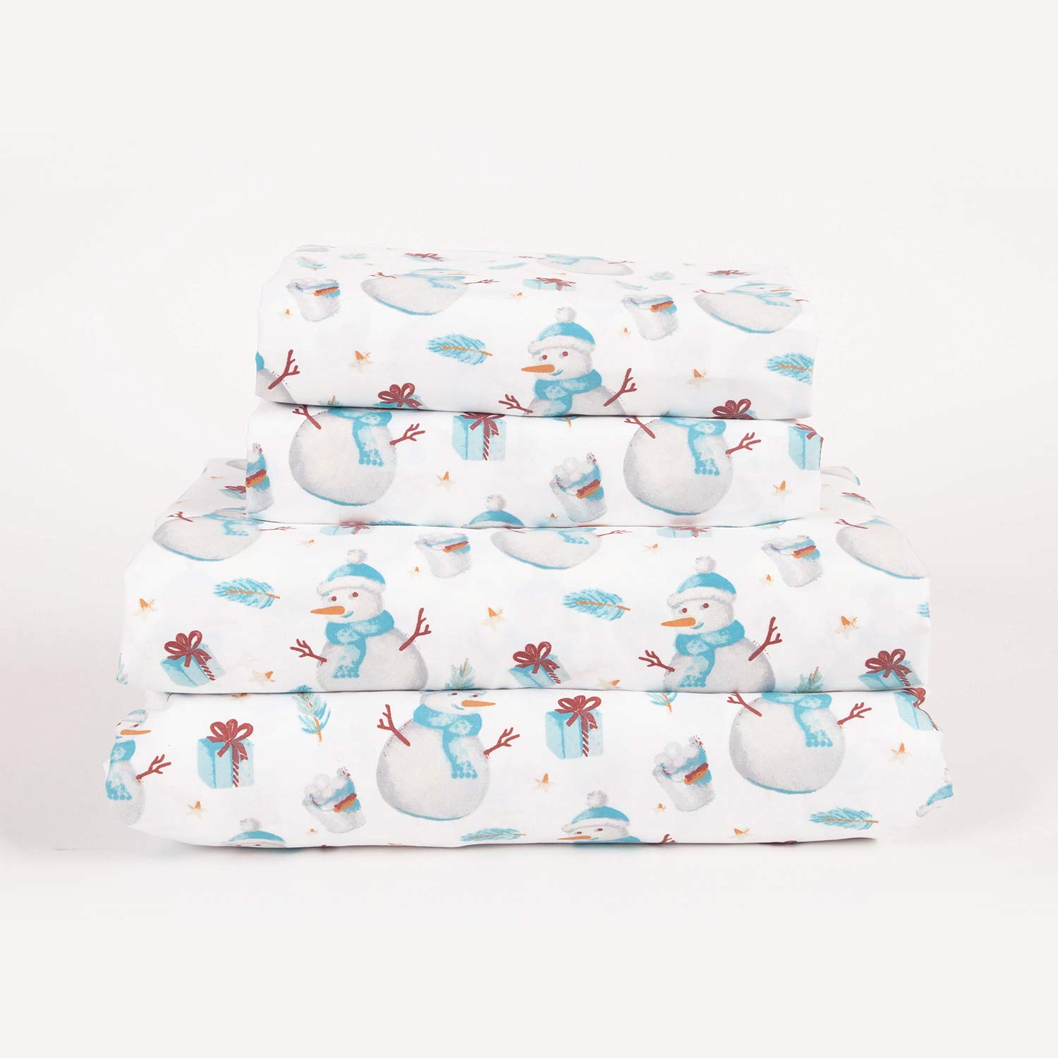 Aubrie Home Accents Snow and Stars Winter Snowman 4-Piece King Size Deep Pocket Microfiber Bed Sheet Set - Blue, Red & White - Cozy Holiday Bedding for Christmas Decor & Winter Home Styling