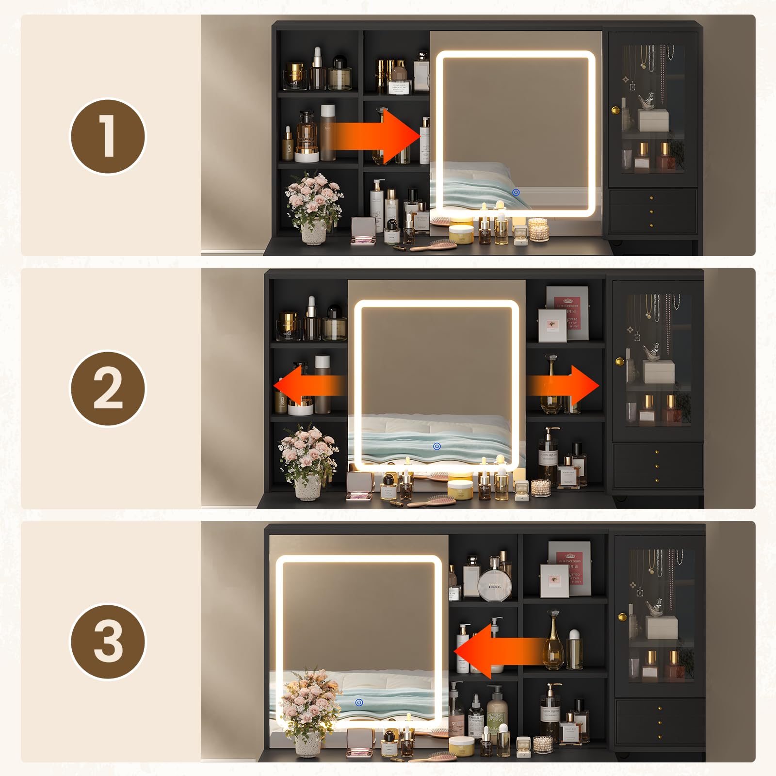 Modern Black Makeup Vanity Desk with LED Lighted Sliding Mirror & Jewelry Organizer - 5-Drawer Dressing Table for Beauty & Cosmetics Organization - Perfect for Bedroom, Dorm, or Salon Makeup Station