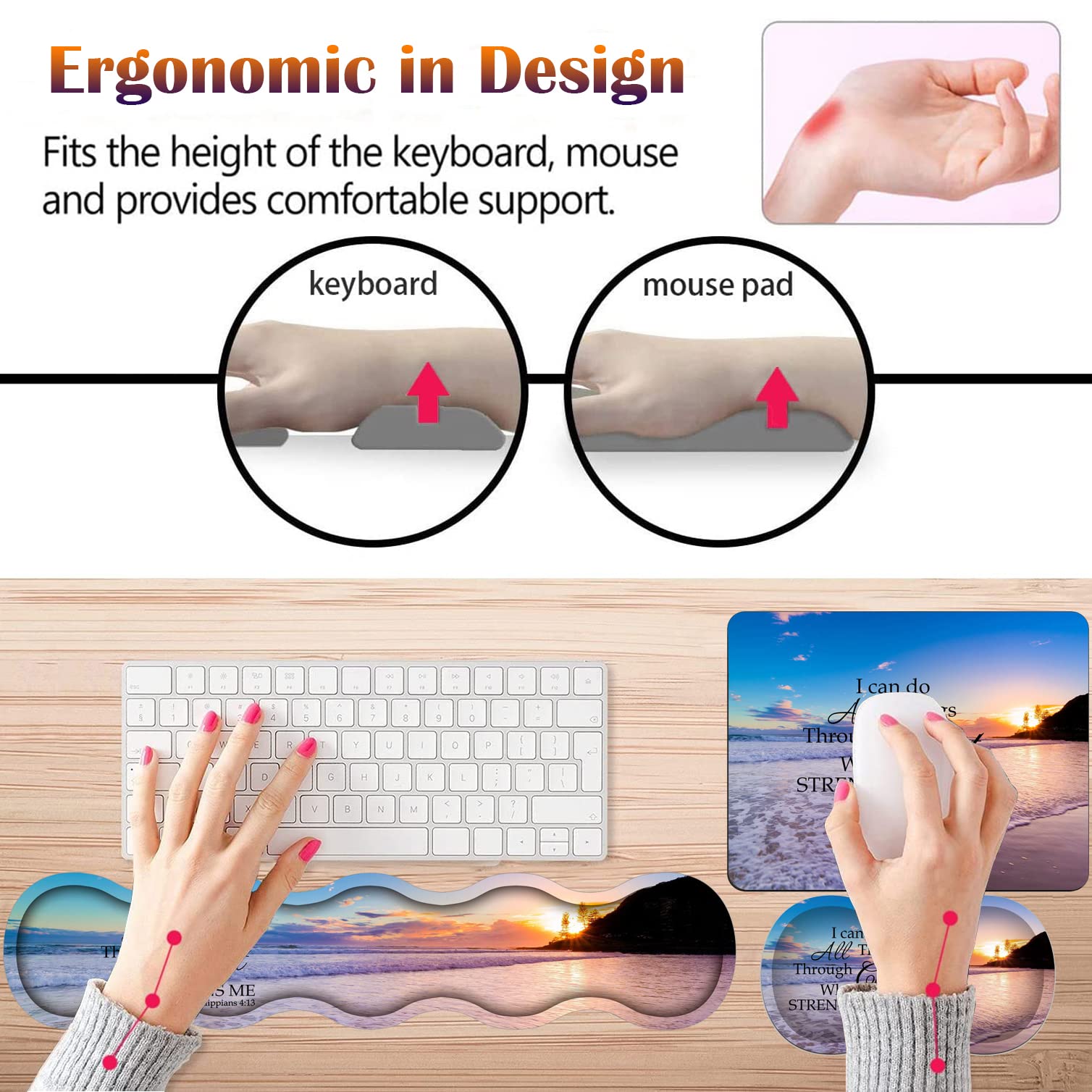 Ergonomic Keyboard & Mouse Wrist Rest Pad Set with Anti-Slip Mouse Pad & Coaster - Comfortable Wrist Support for Pain Relief - Perfect for Home, Office & Gaming Workstations - Bible Verse Philippians 4:13 Design