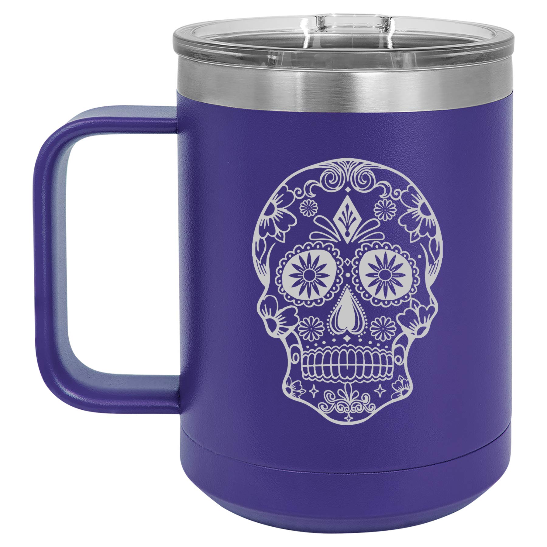 15 oz Vacuum Insulated Stainless Steel Tumbler with Handle & Lid - Sugar Skull Design (Purple) - Perfect for Coffee, Tea & Travel Mug | Leakproof & Temperature Control for Hot/Cold Drinks