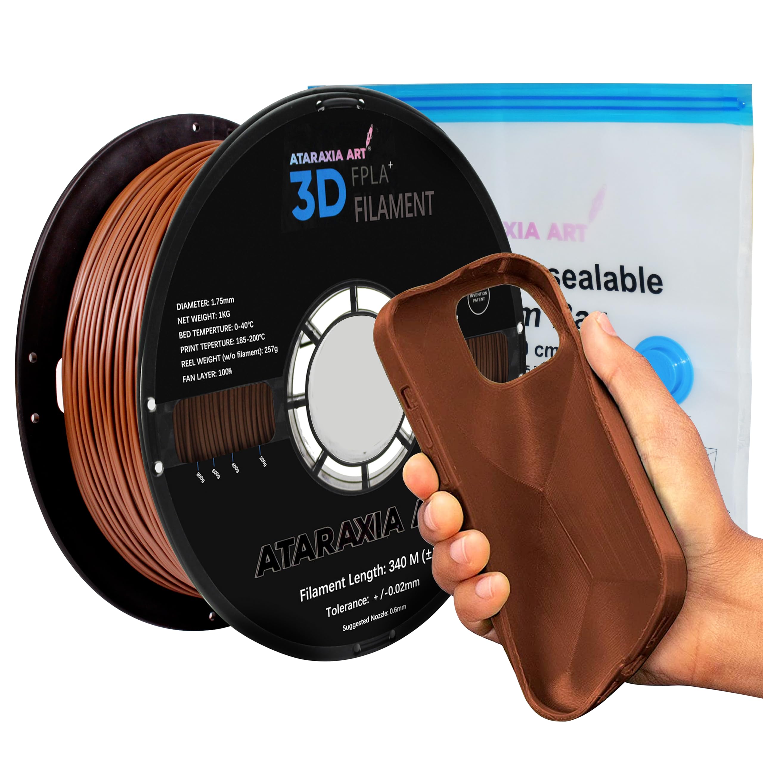 Premium ATARAXIA ART Flexible PLA Filament 1.75mm for 3D Printers - 1Kg/2.2lb Spool (5X Longer Stretch, 89A Shore Hardness) - Patent Formula with Storage Bags - Ideal for Cosplay, Prototyping & DIY Projects - FPLA Brown