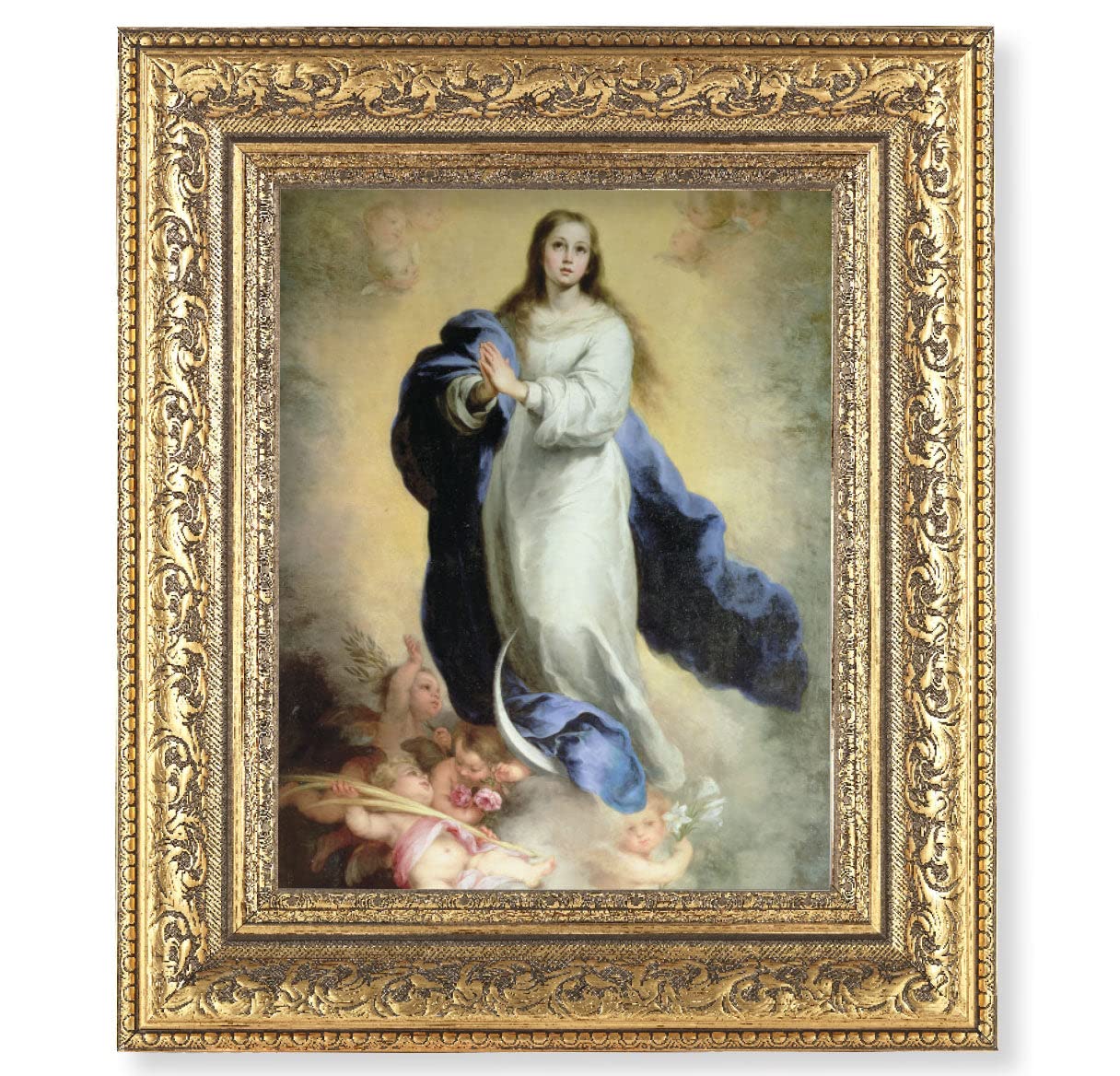 Immaculate Conception Framed Wall Art - Large Religious Home Decor with Gold Leaf Acanthus Carvings - Perfect for Church, Chapel & Catholic Home Decor