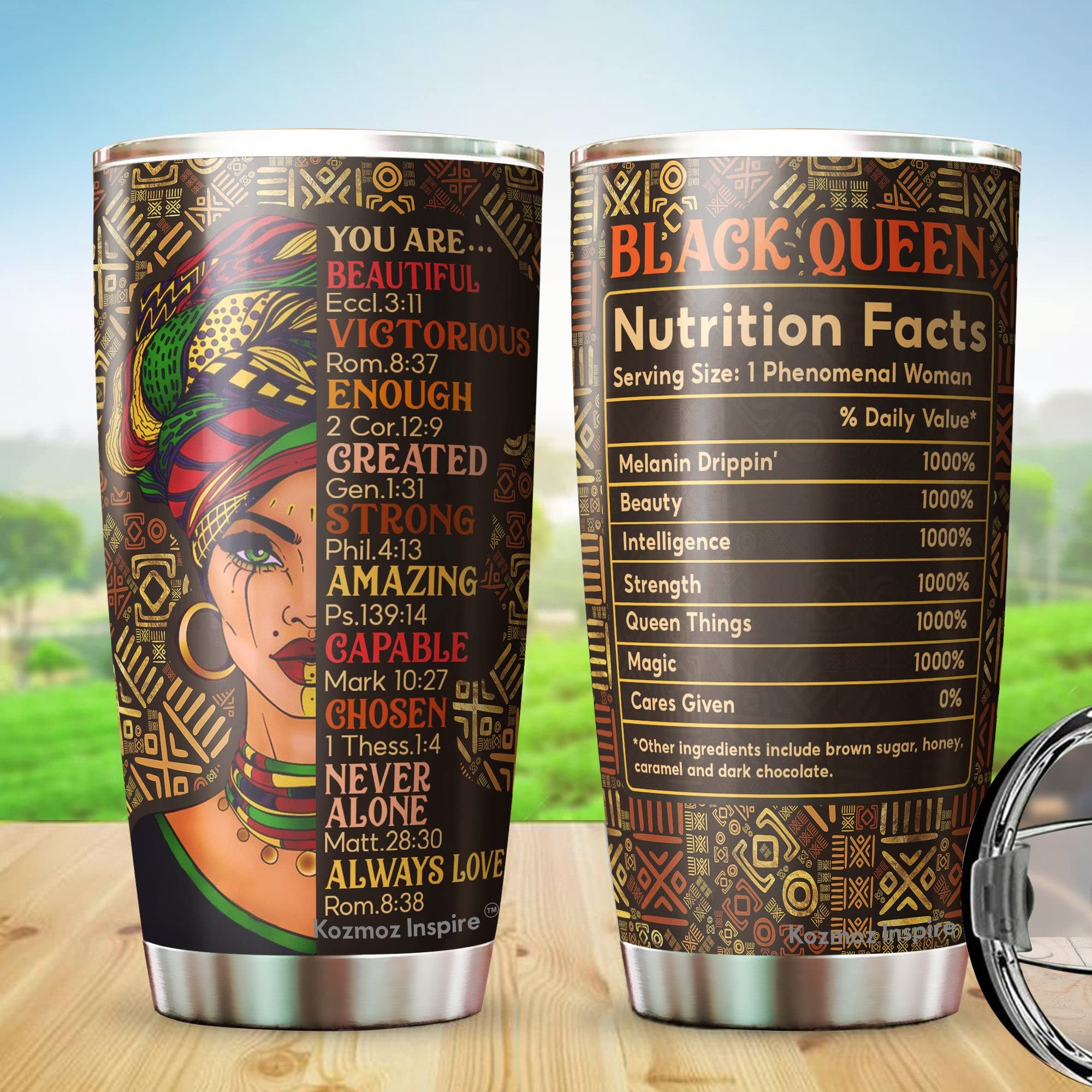 Kozmoz Inspire Black Queen Nutrition Facts Tumbler 20oz - African American Women Empowerment Gift - Birthday Present for Her - Motivational Water Bottle for Workouts, Office & Daily Hydration