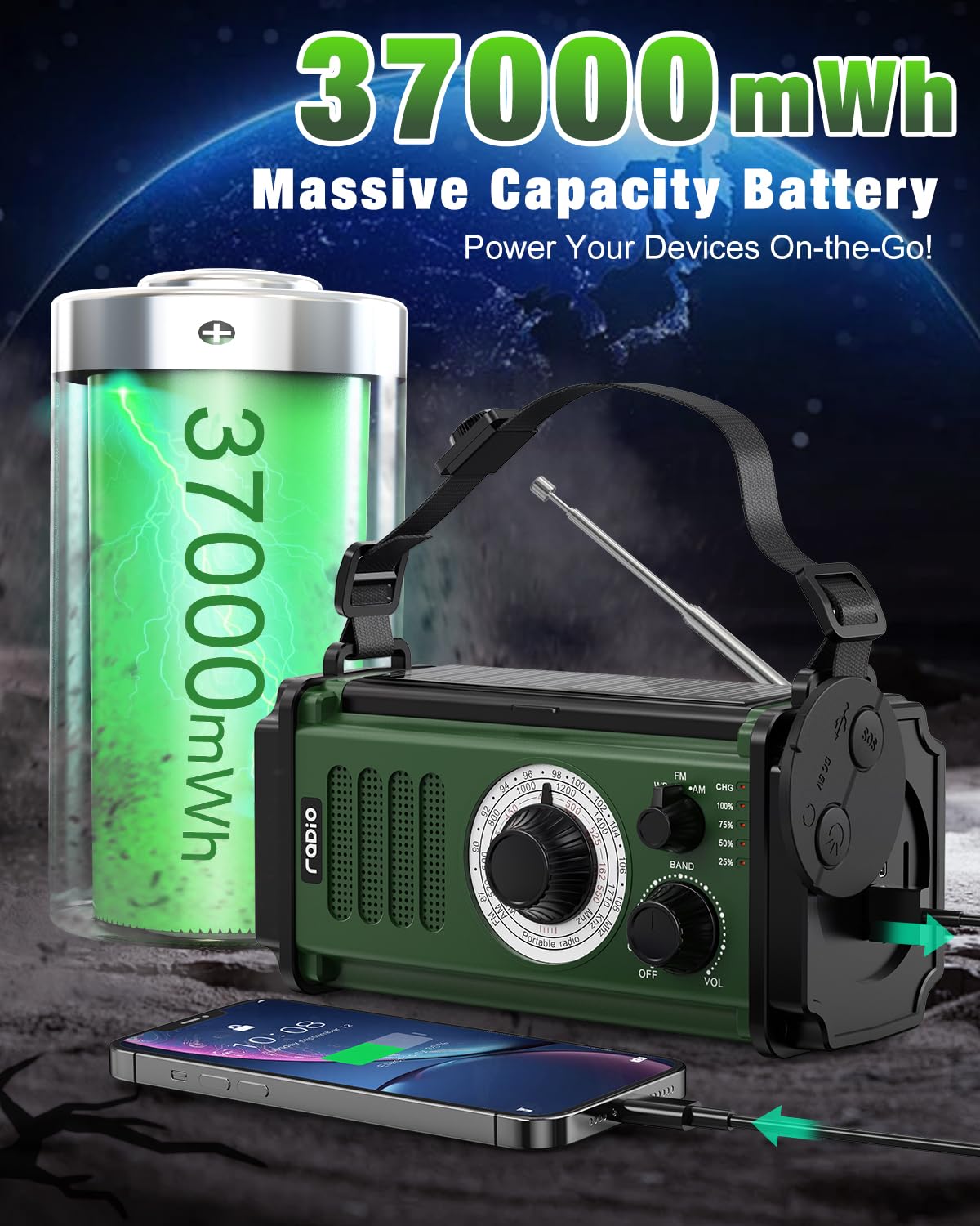Emergency Radio with 37000mWh Hand Crank & Solar Power - NOAA AM/FM Weather Radio, 5 Charging Methods, Polymer Battery, Flashlight & Reading Lamp, SOS Alarm, Phone Charger - Perfect for Camping, Hiking, and Power Outages