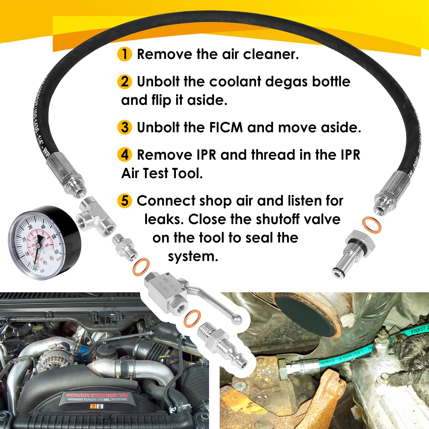 Ford 6.0L 7.3L Powerstroke High Pressure Oil System IPR Air Test Kit with Gauge - Diagnostic Tool for Diesel Engine Repair & Maintenance (Workshop/Garage Use)