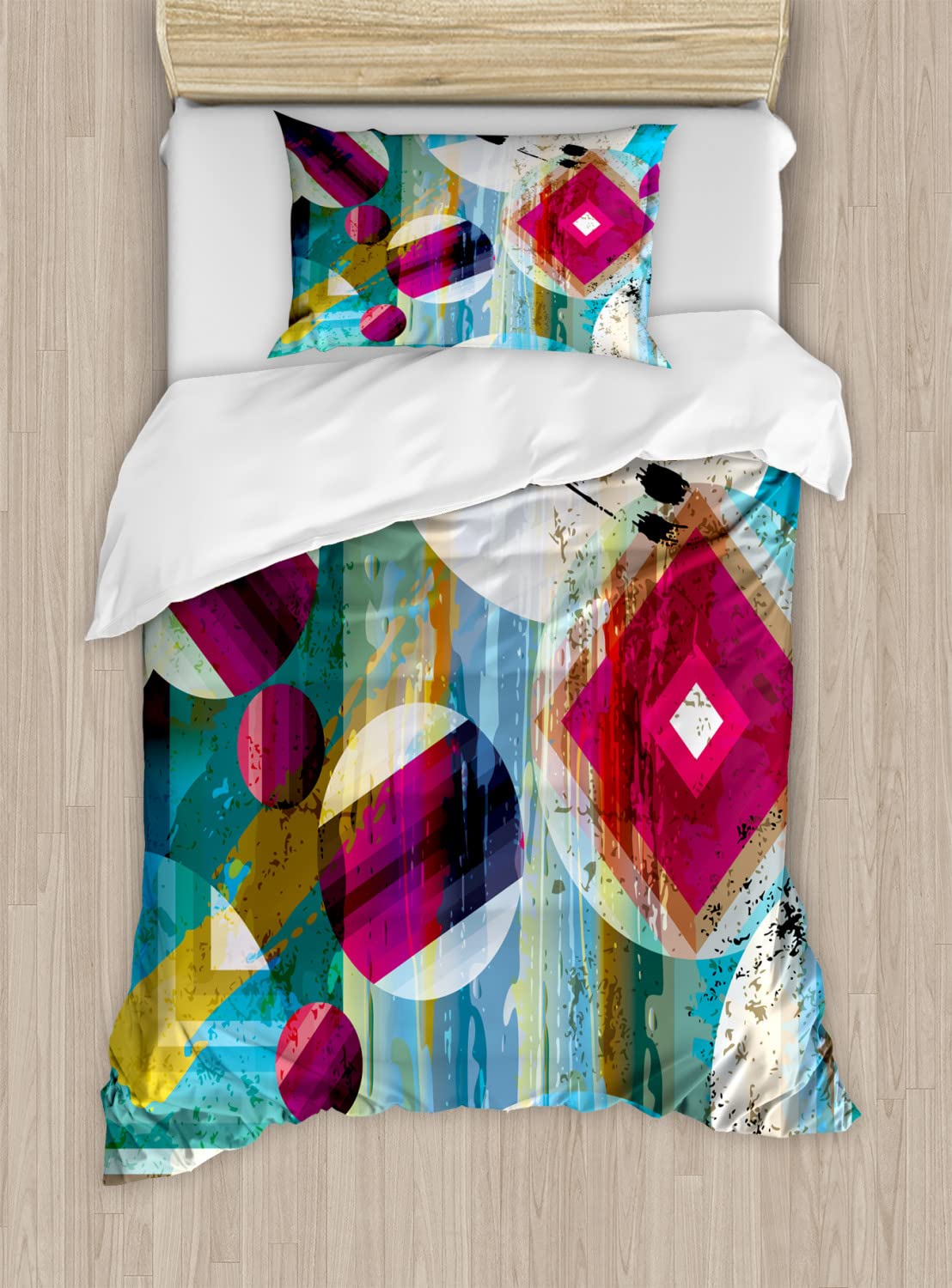 Ambesonne Modern Art Duvet Cover Set - Vintage Geometric & Space Planet Print Twin Size Bedding (2 Duvet Covers + 2 Pillowcases) | Stylish Home Decor for Teens & Adults Bedrooms
