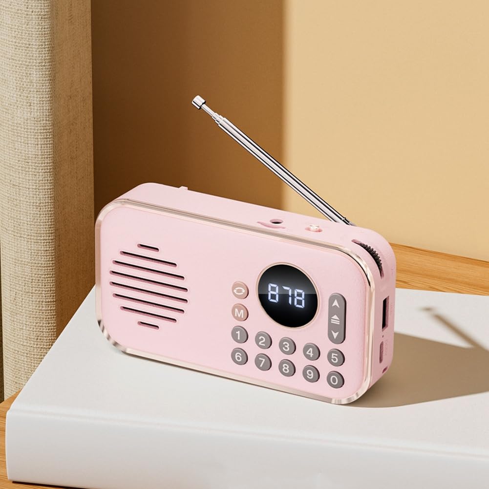 Portable FM Radio with Bluetooth Speaker - Rechargeable Wireless Vintage Radio, USB Stereo Sound, Pink - Perfect for Travel, Camping, and Home Use