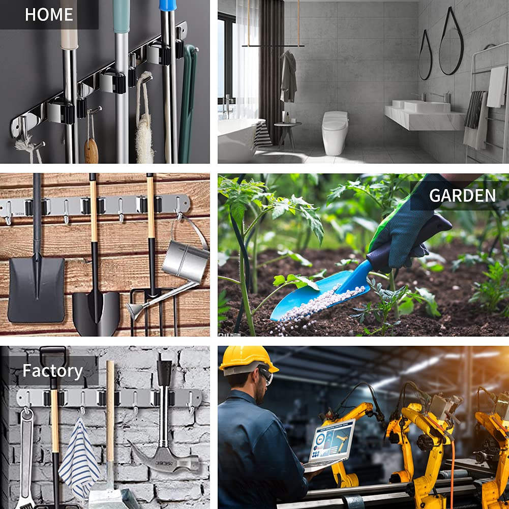 Stainless Steel Wall Mount Broom Mop Holder - Heavy Duty Garage & Kitchen Organizer with 3 Racks & 4 Hooks for Home Storage - Perfect for Garage, Kitchen, Laundry Room & Garden Organization (Black)