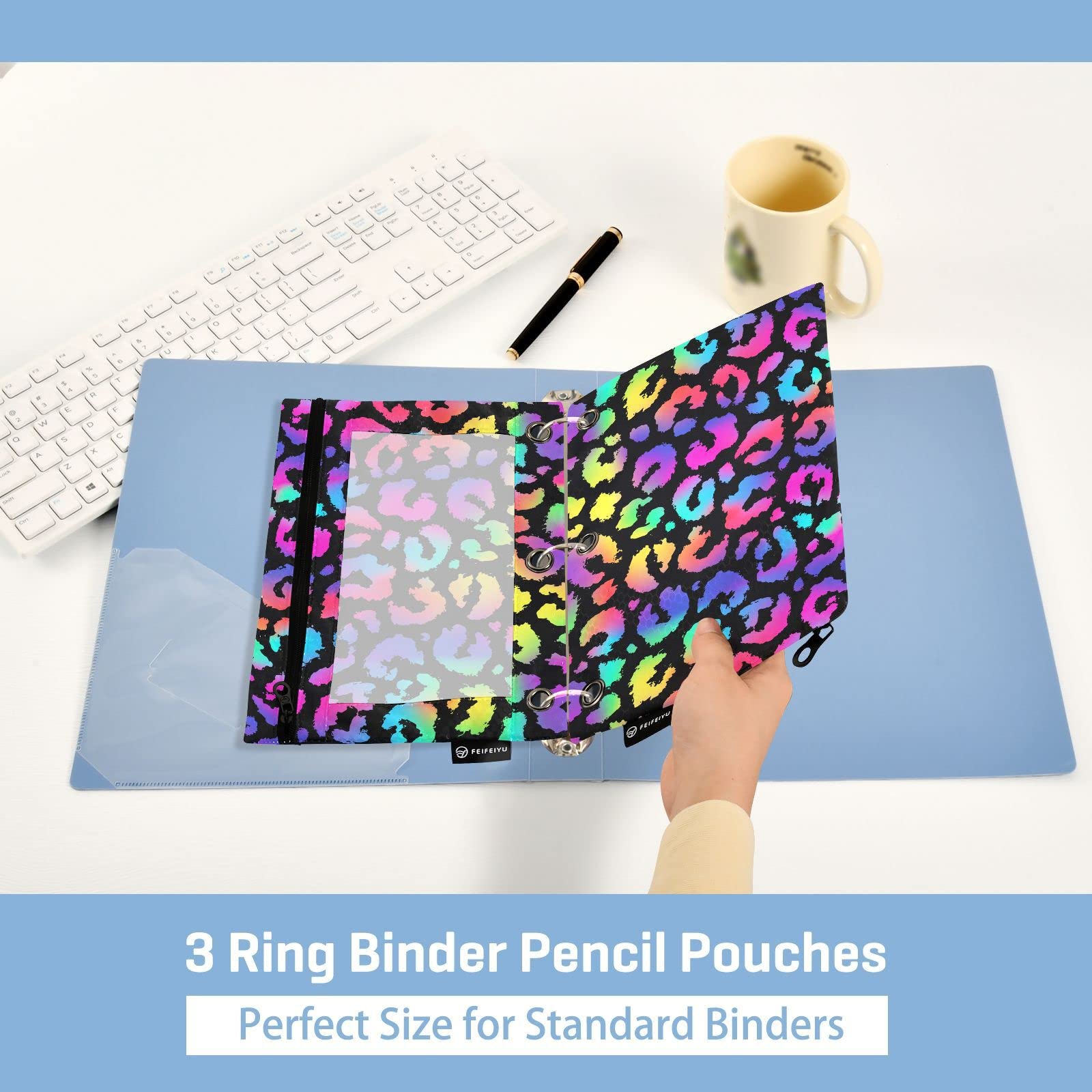 ALAZA Rainbow Leopard Print 3-Ring Binder Pencil Pouch with Clear Window - 2 Pack Zippered Pencil Case & Cosmetic Organizer for School, College, Office Supplies | Perfect for Back-to-School, Work Essentials & Makeup Storage