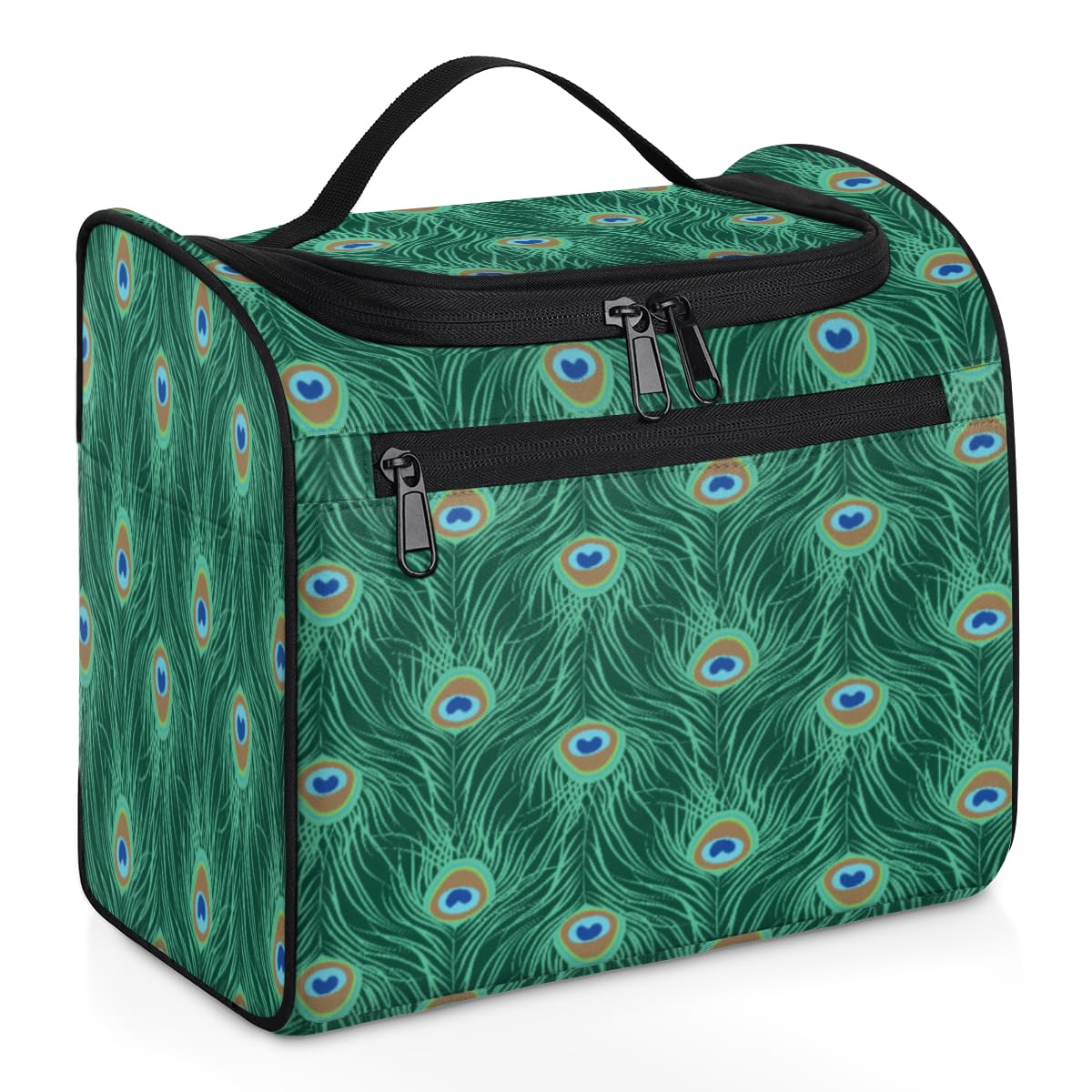 Green Peacock Feather Toiletry Bag for Women - Waterproof Makeup Organizer with Compartments, Perfect for Travel & Bathroom Storage