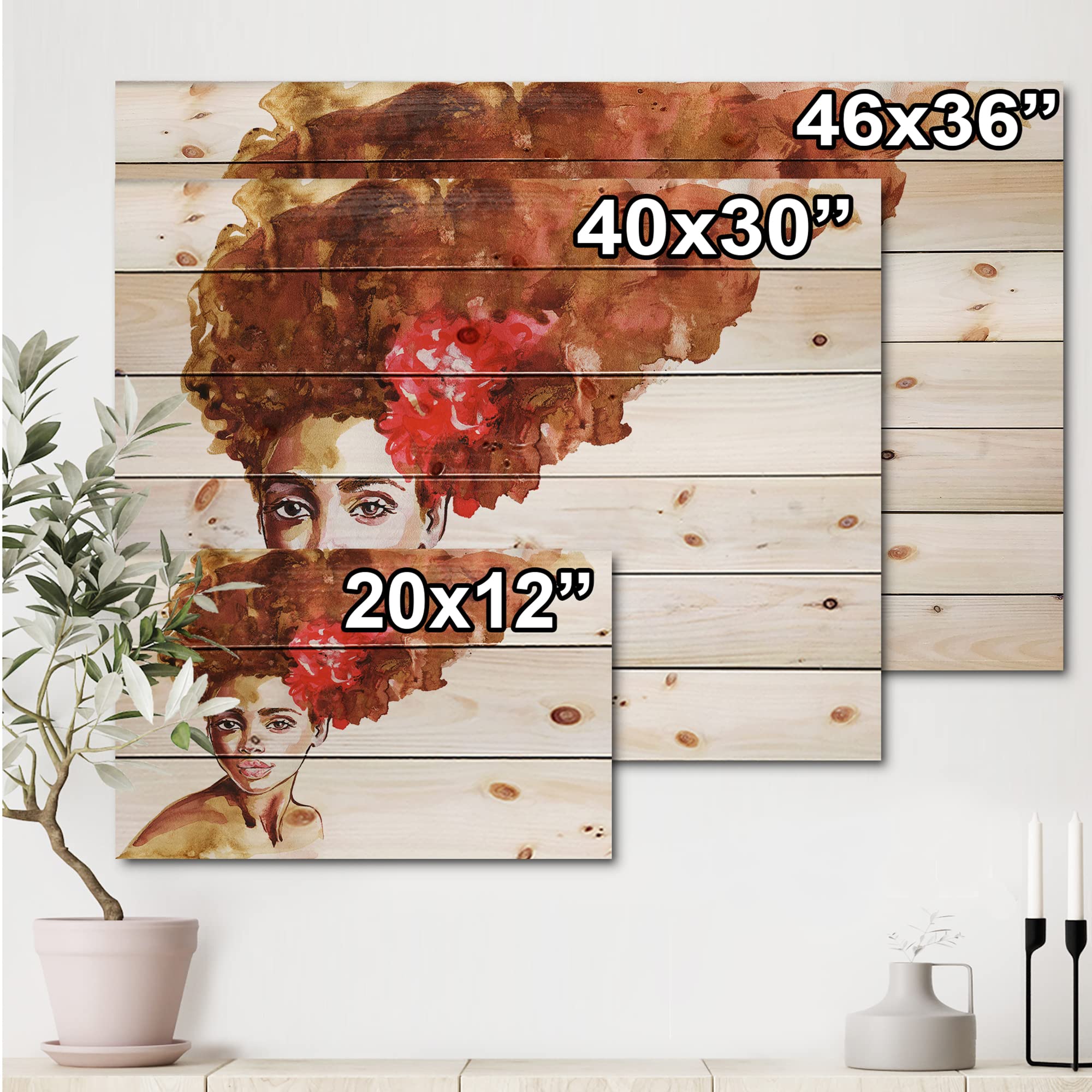 Modern Afro American Woman Wood Wall Art - Brown Pine Decor for Living Room