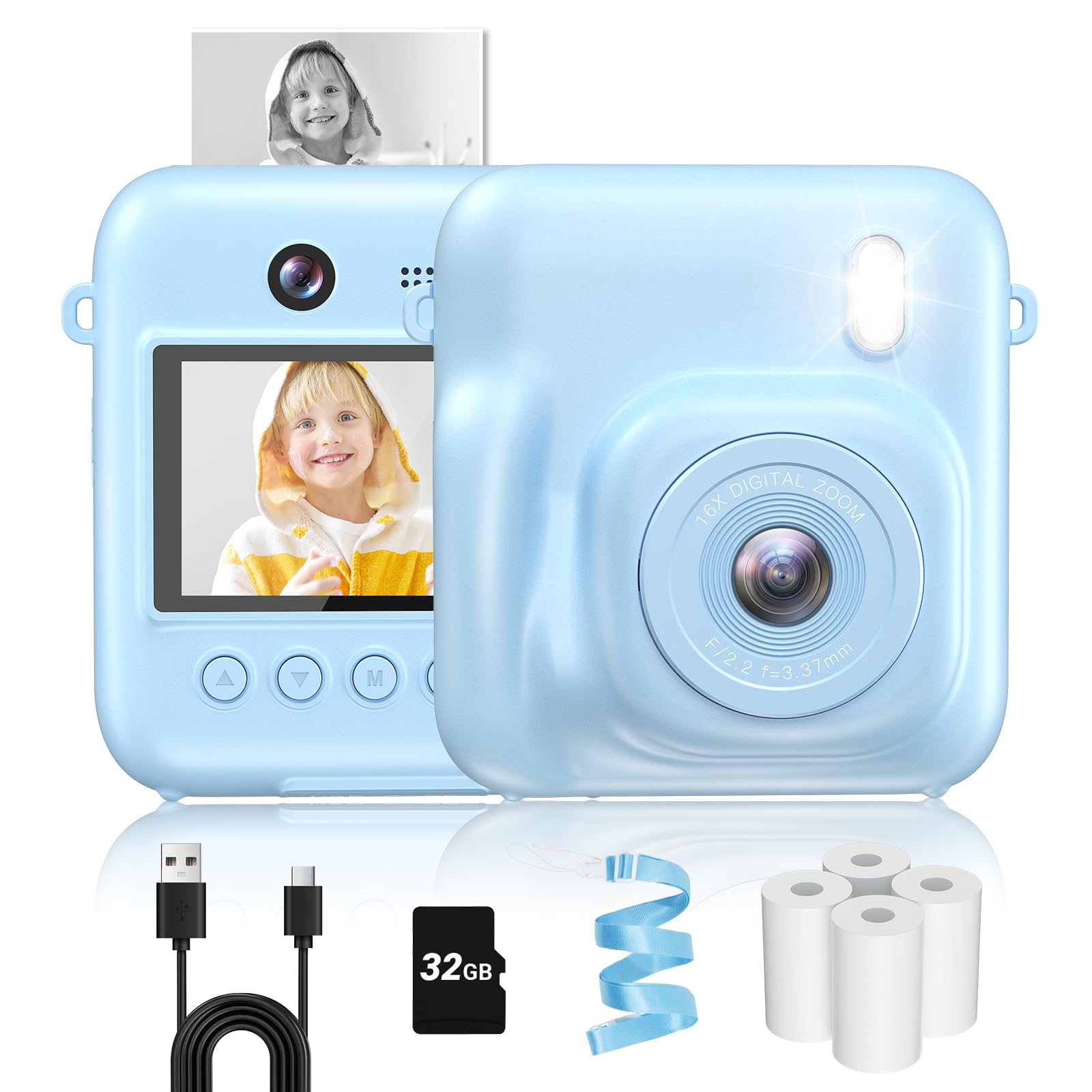 Instant Print Kids Camera - Dual-Lens 48MP Digital Camera with Selfie Function & 32GB Card | Christmas Birthday Gift for Boys Girls Ages 4-10 | Includes Print Paper | Fun Toddler Toy for Travel, Parties & Creative Play (Blue)