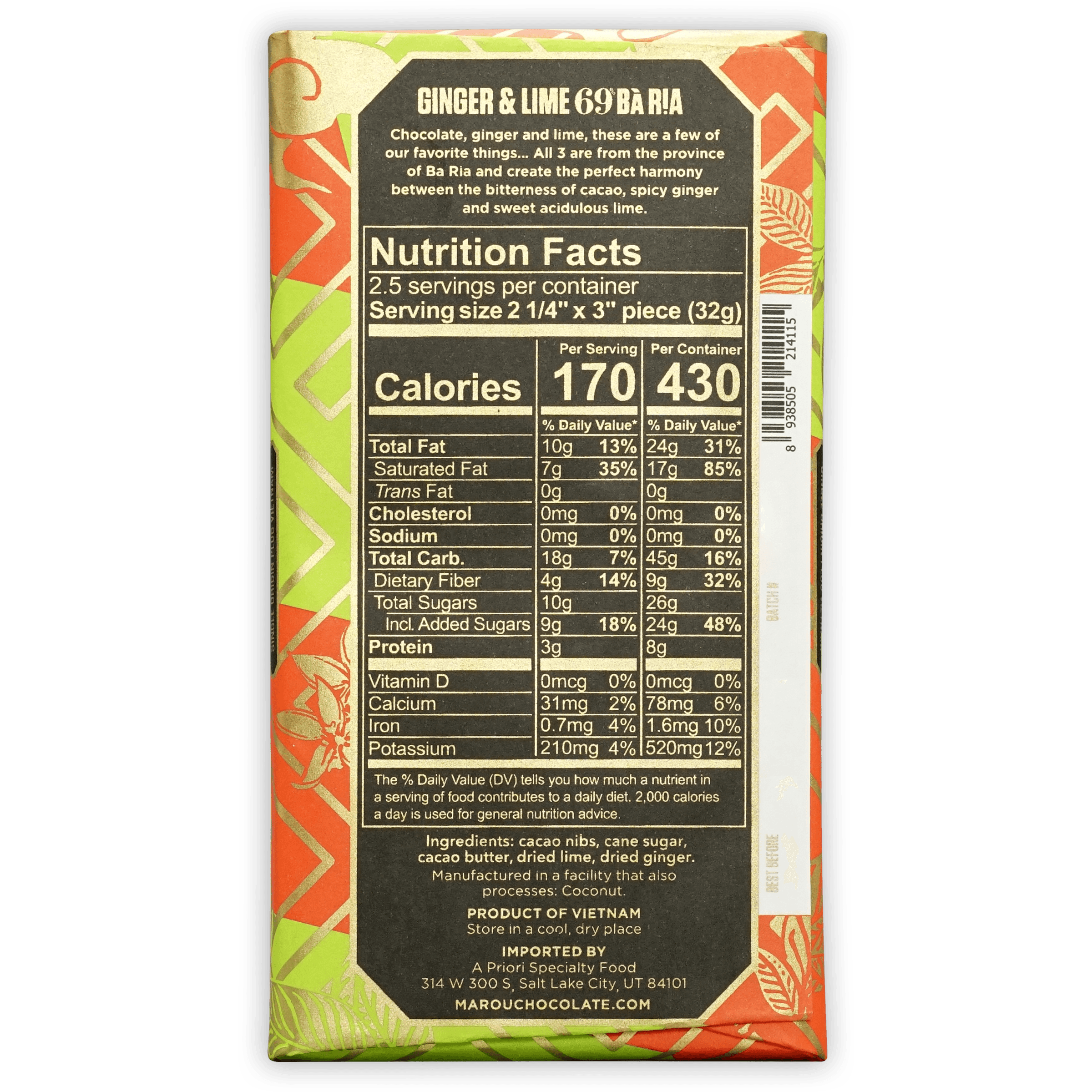Premium Marou Ba Ria 69% Dark Chocolate Bar with Ginger & Lime - Gourmet Vietnamese Chocolate for Baking, Gifts & Dessert Pairing